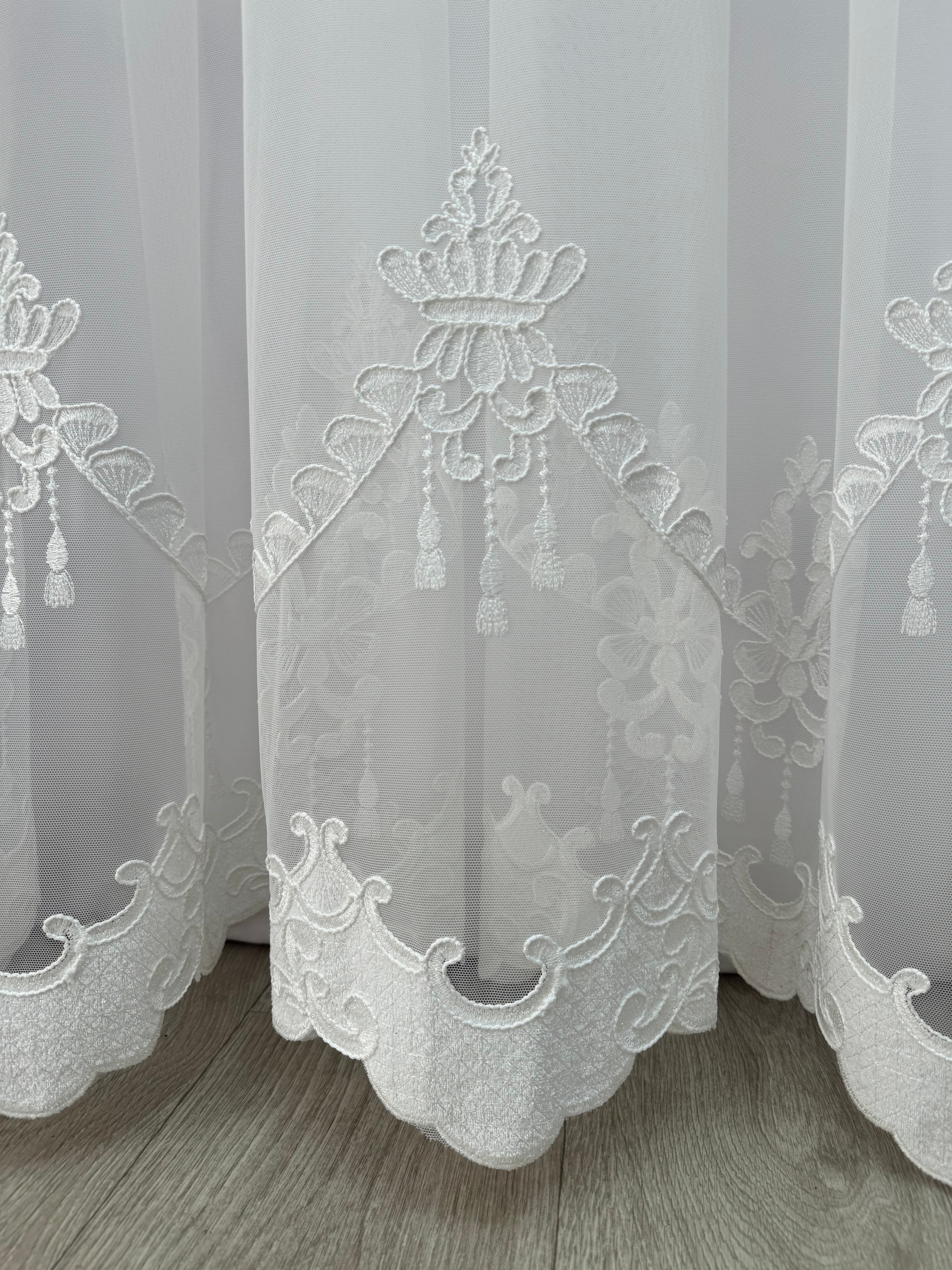 Bamboo-based tulle with embroidery, velvet inserts and gems, milk color