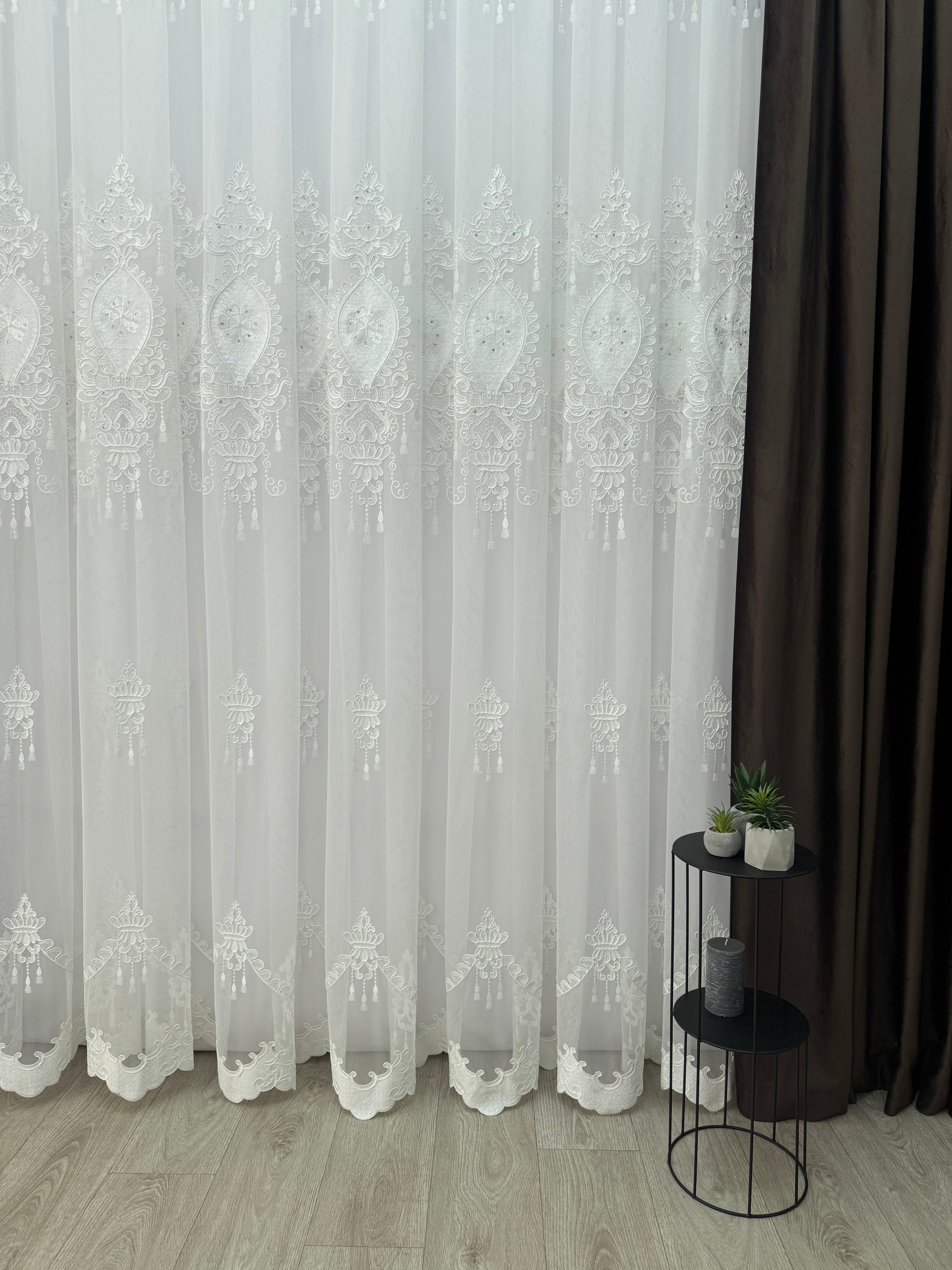 Bamboo-based tulle with embroidery, velvet inserts and gems, milk color
