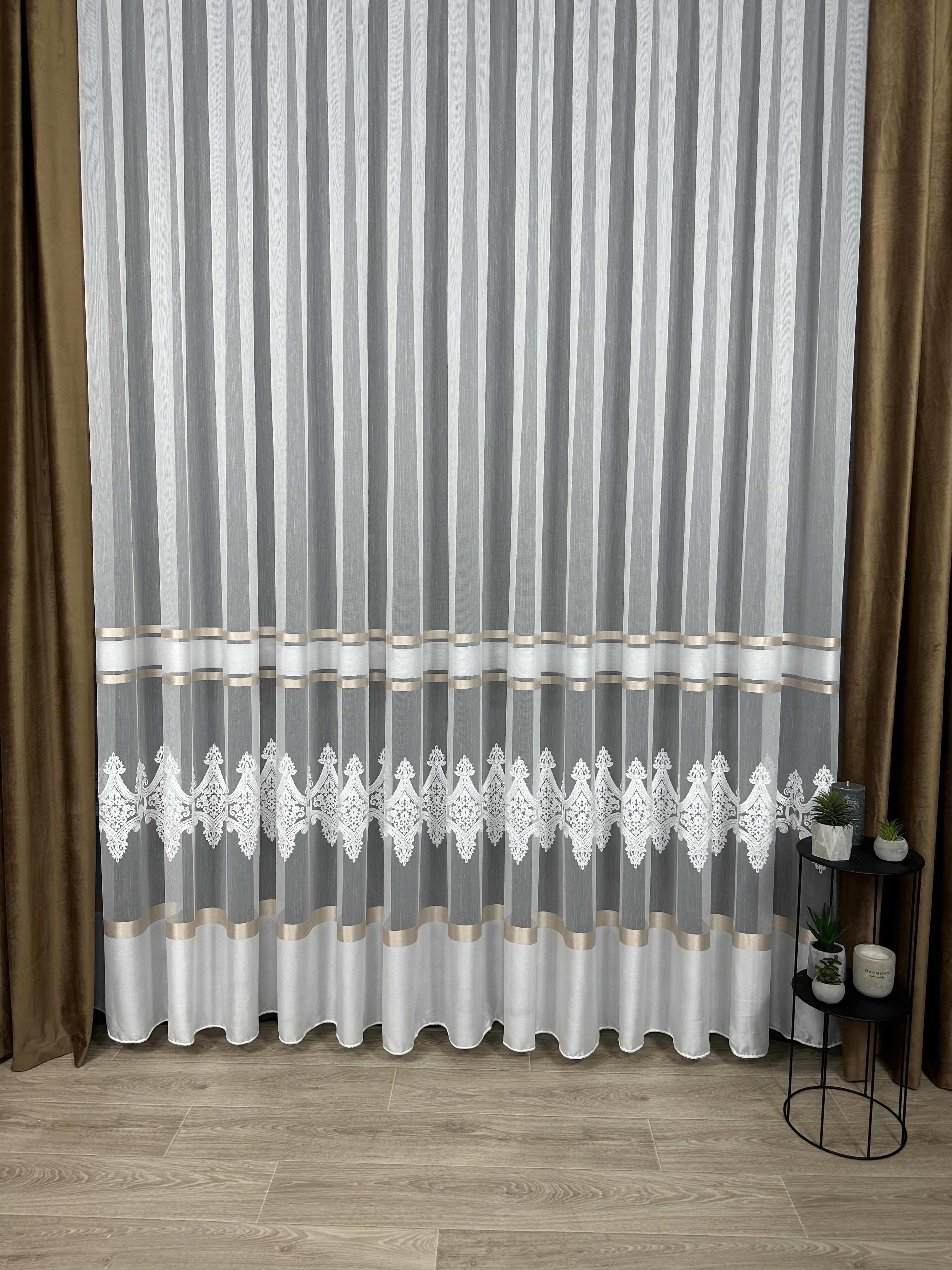 Sheer curtain with chenille embroidery, milk with gold color