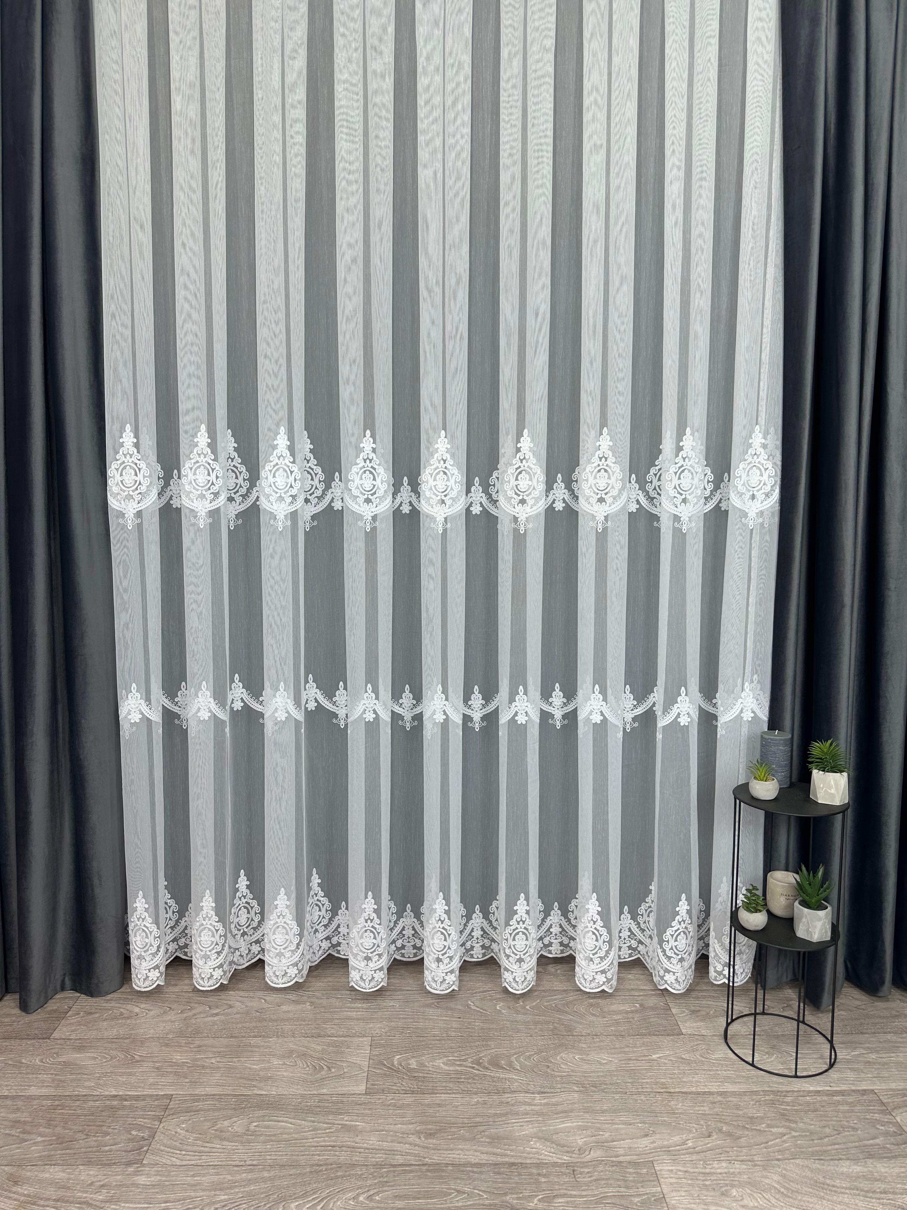 Bamboo-based sheer curtain with chenille embroidery, white color