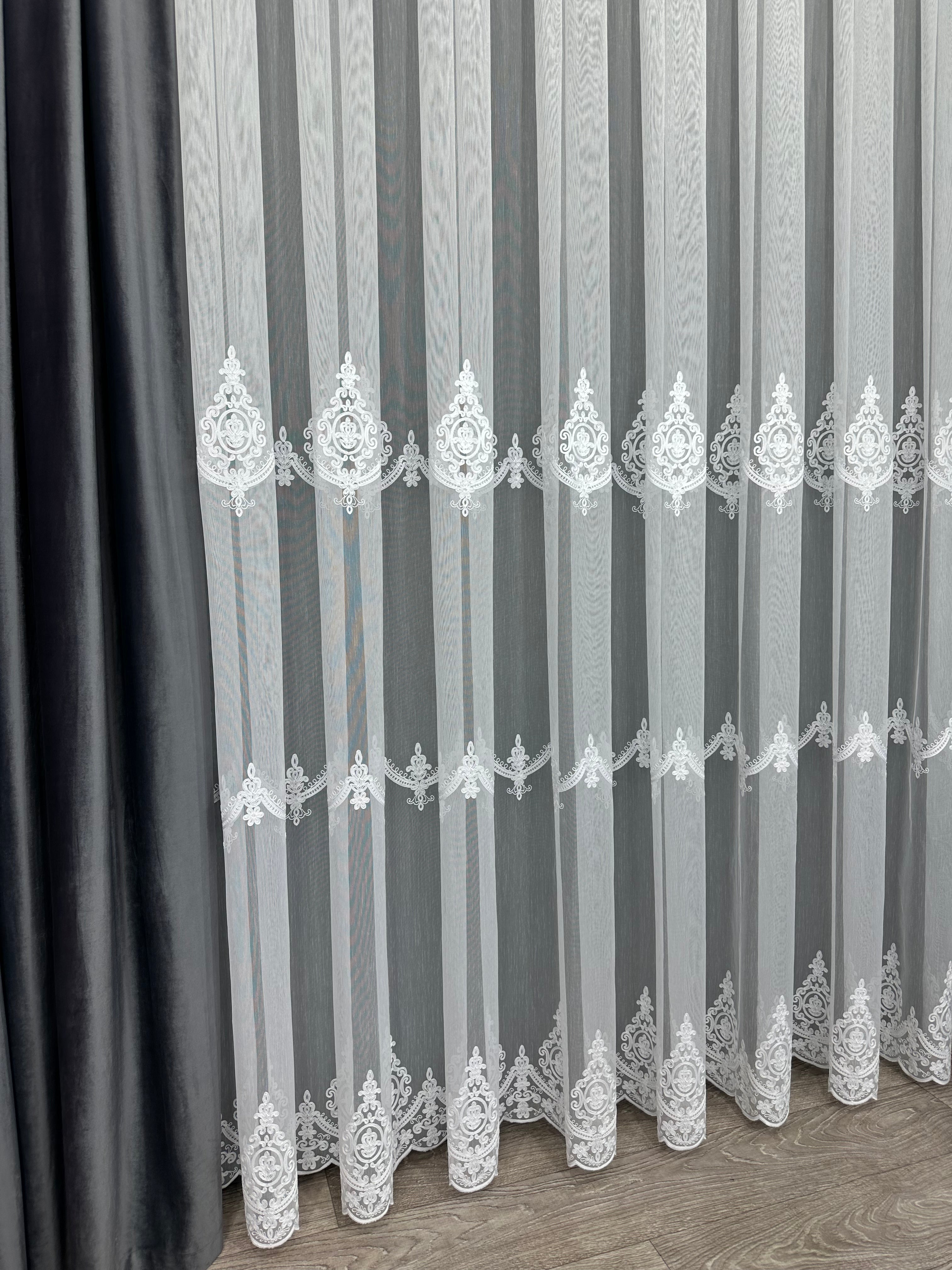Bamboo-based sheer curtain with chenille embroidery, white color