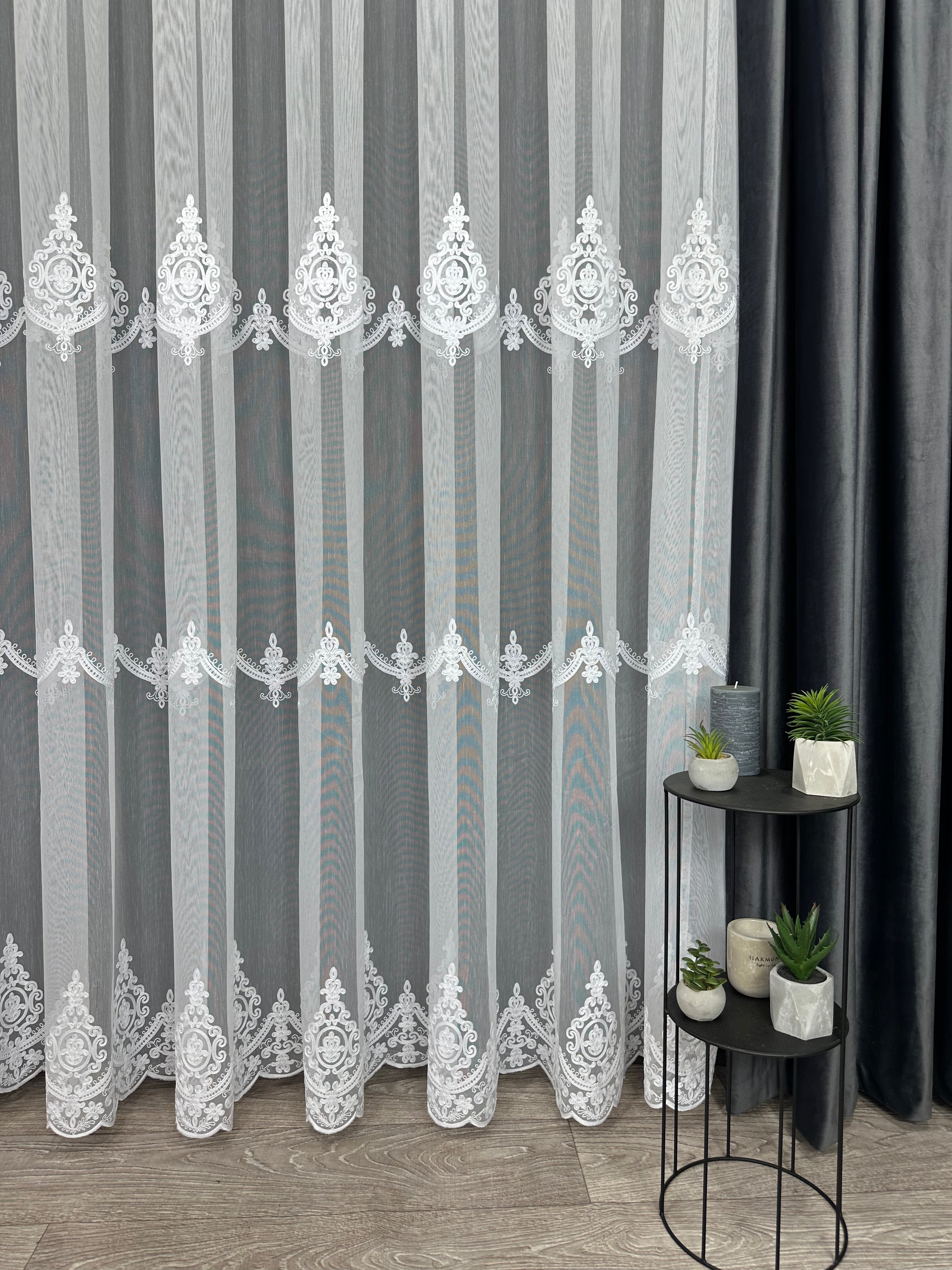 Bamboo-based sheer curtain with chenille embroidery, white color