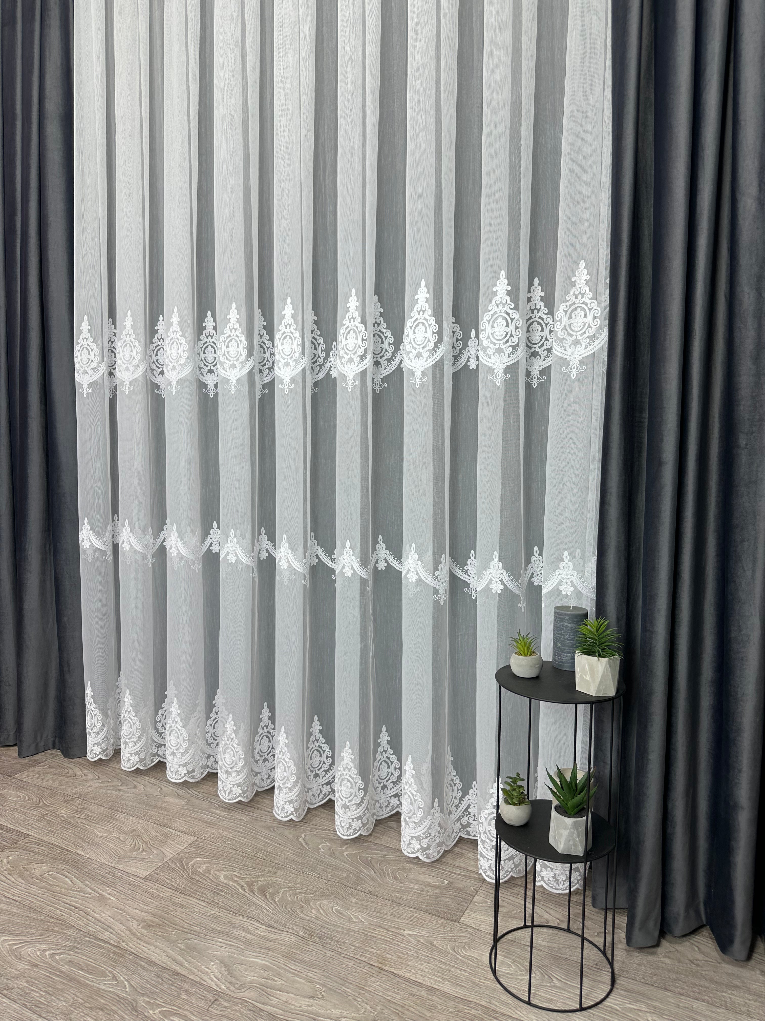 Bamboo-based sheer curtain with chenille embroidery, white color
