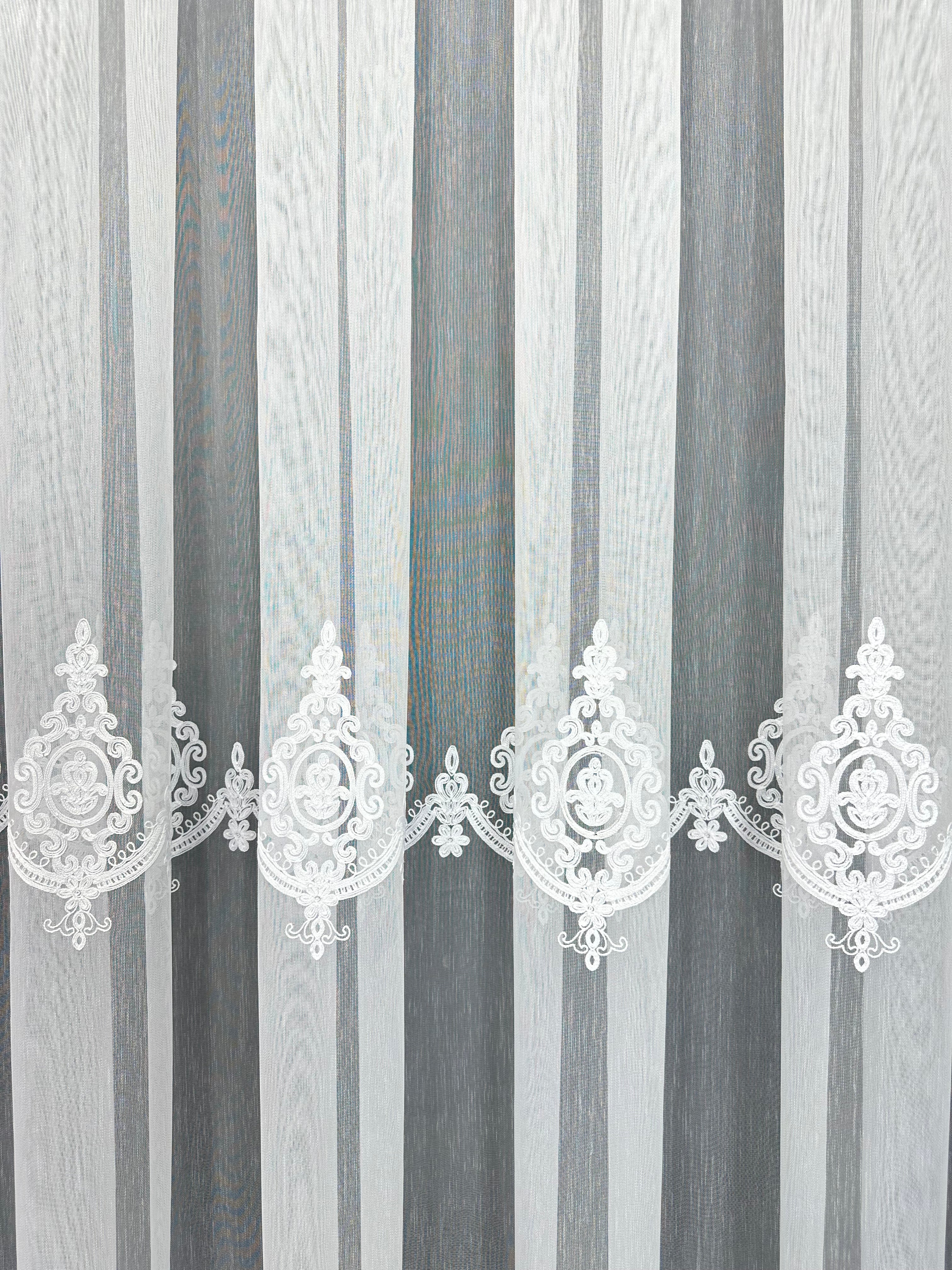 Bamboo-based sheer curtain with chenille embroidery, white color