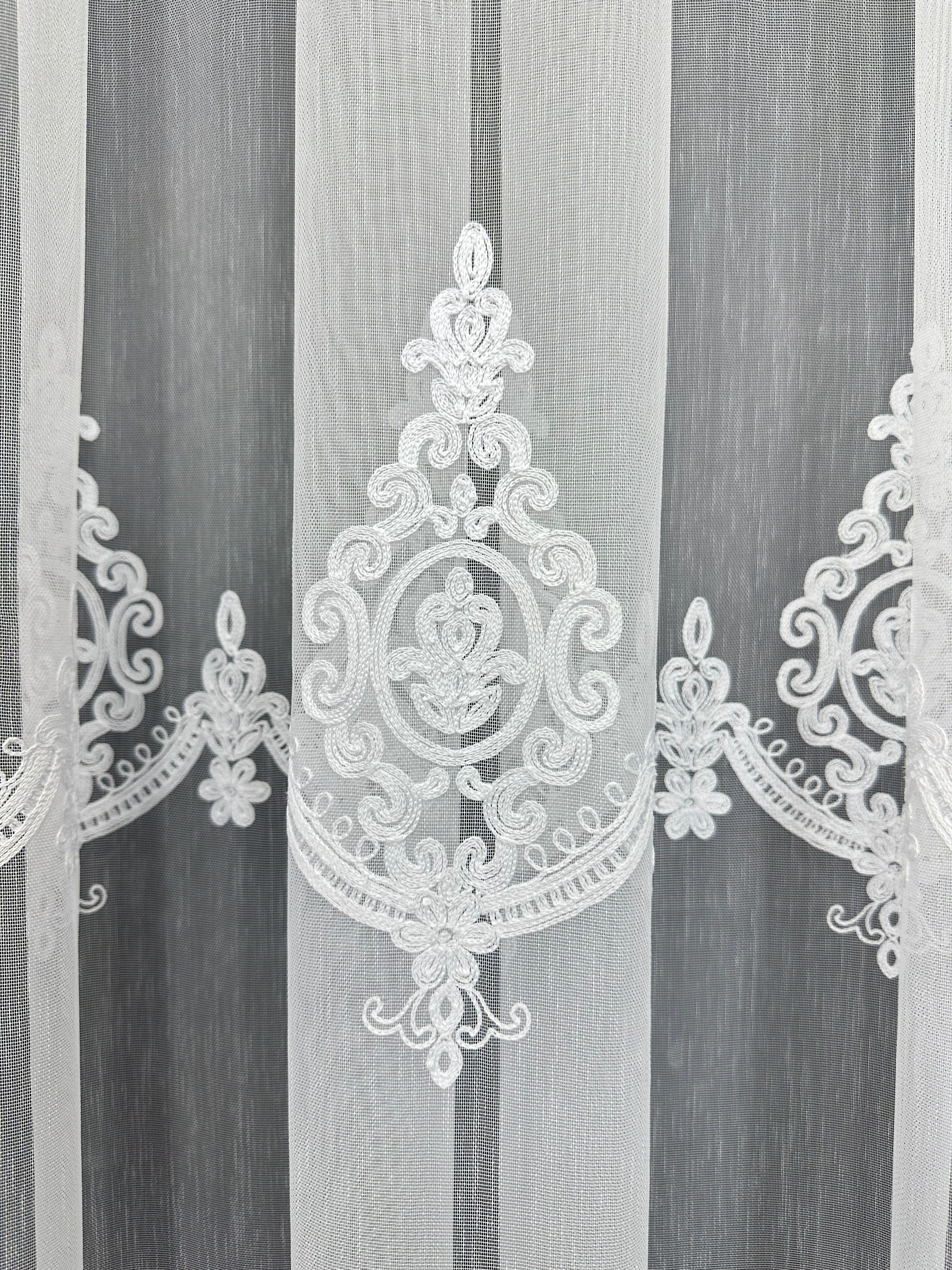 Bamboo-based sheer curtain with chenille embroidery, white color