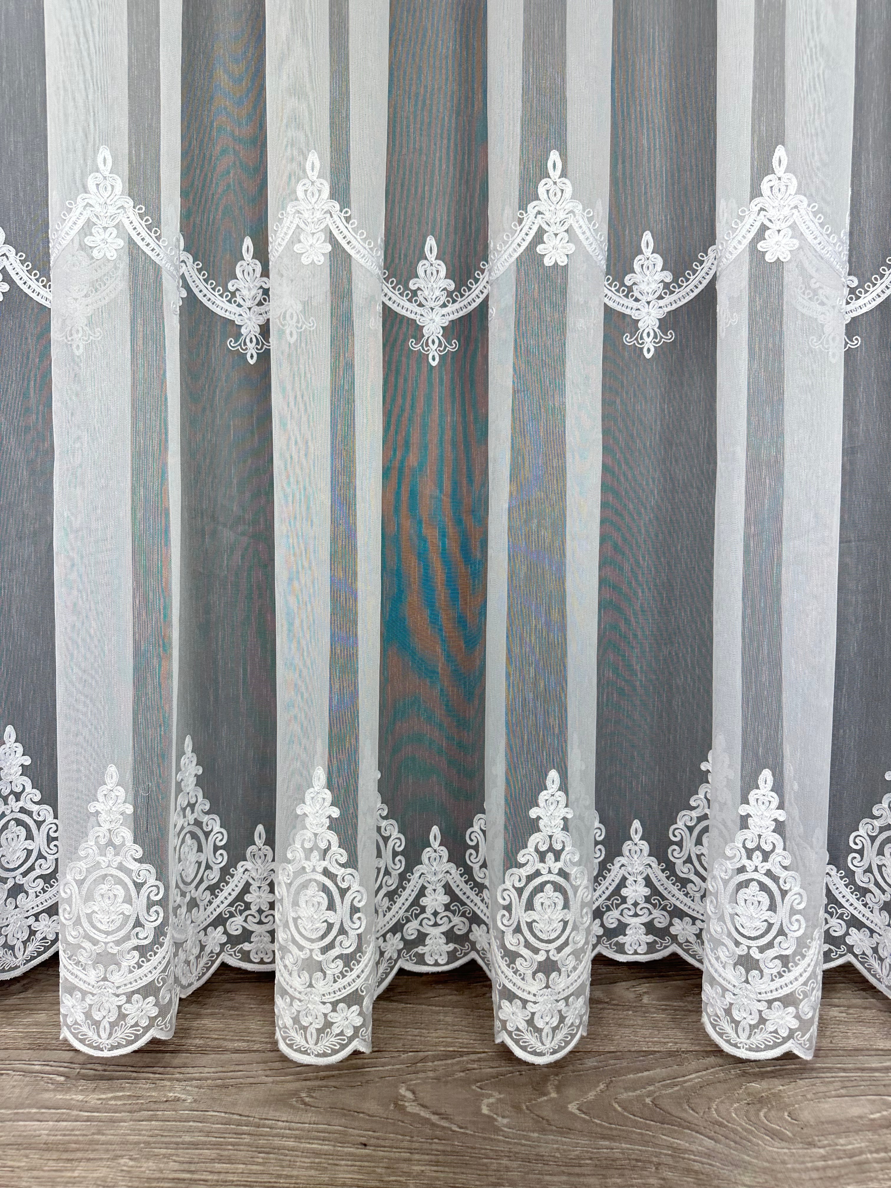 Bamboo-based sheer curtain with chenille embroidery, white color