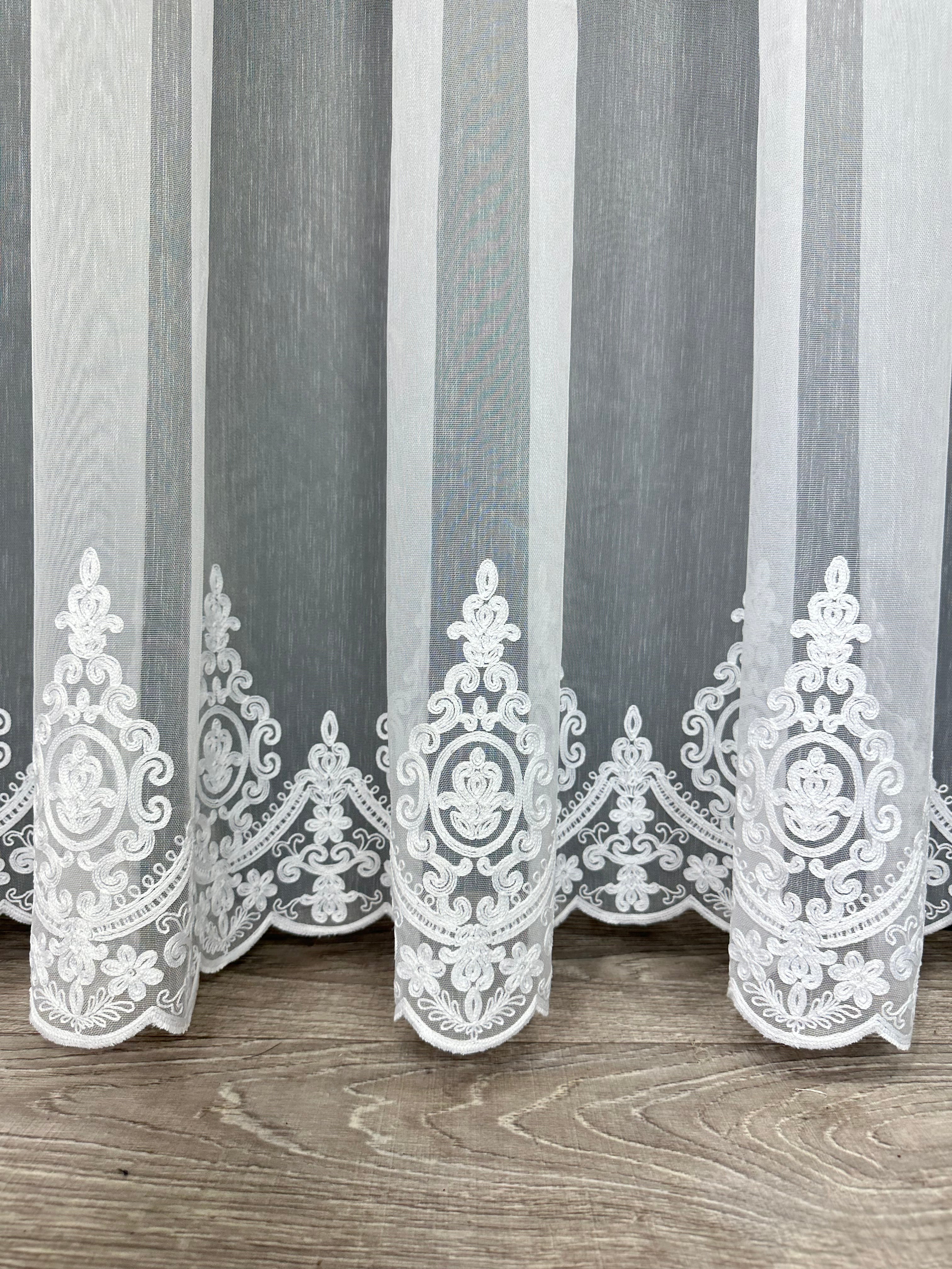 Bamboo-based sheer curtain with chenille embroidery, white color