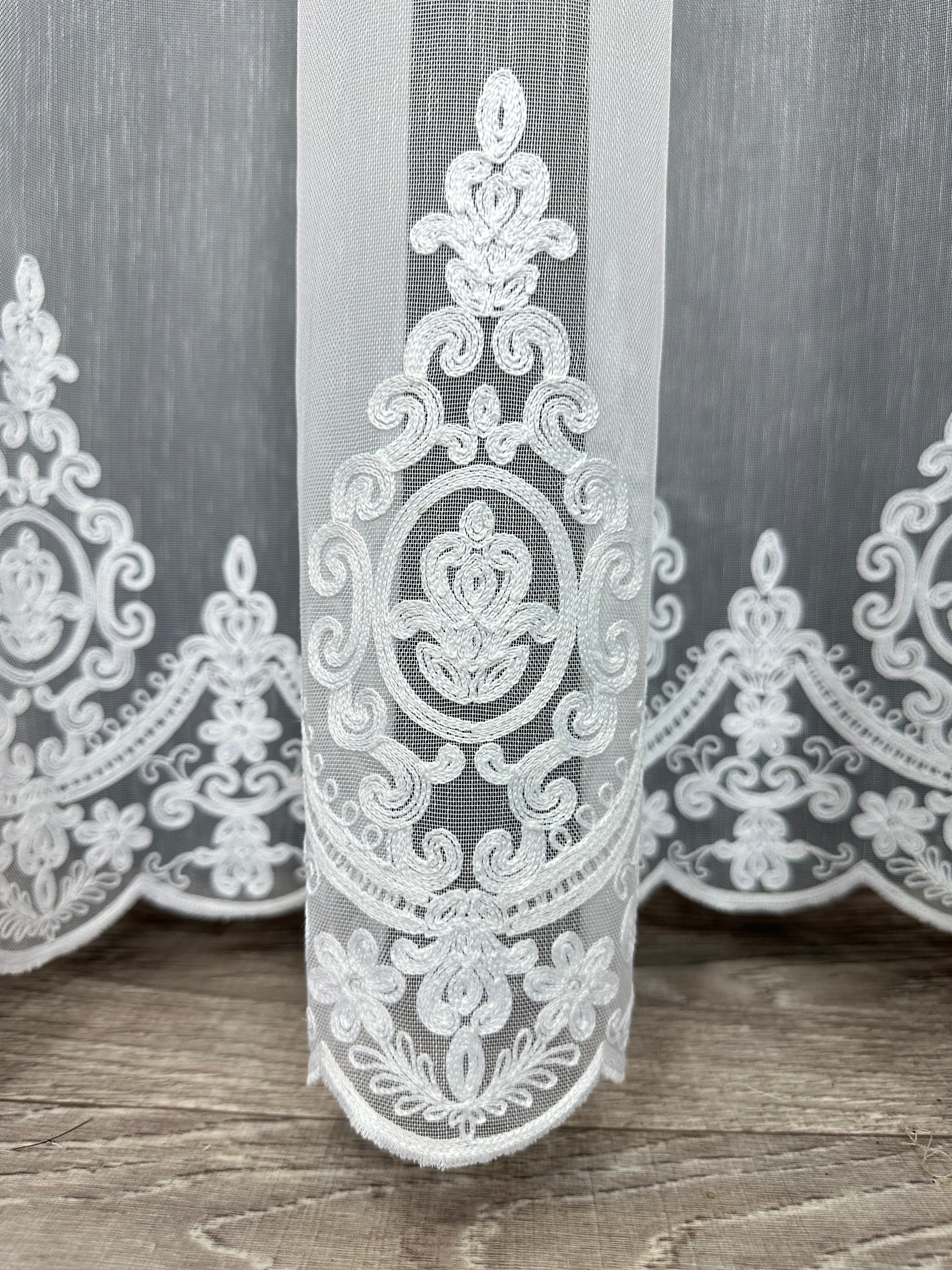 Bamboo-based sheer curtain with chenille embroidery, white color