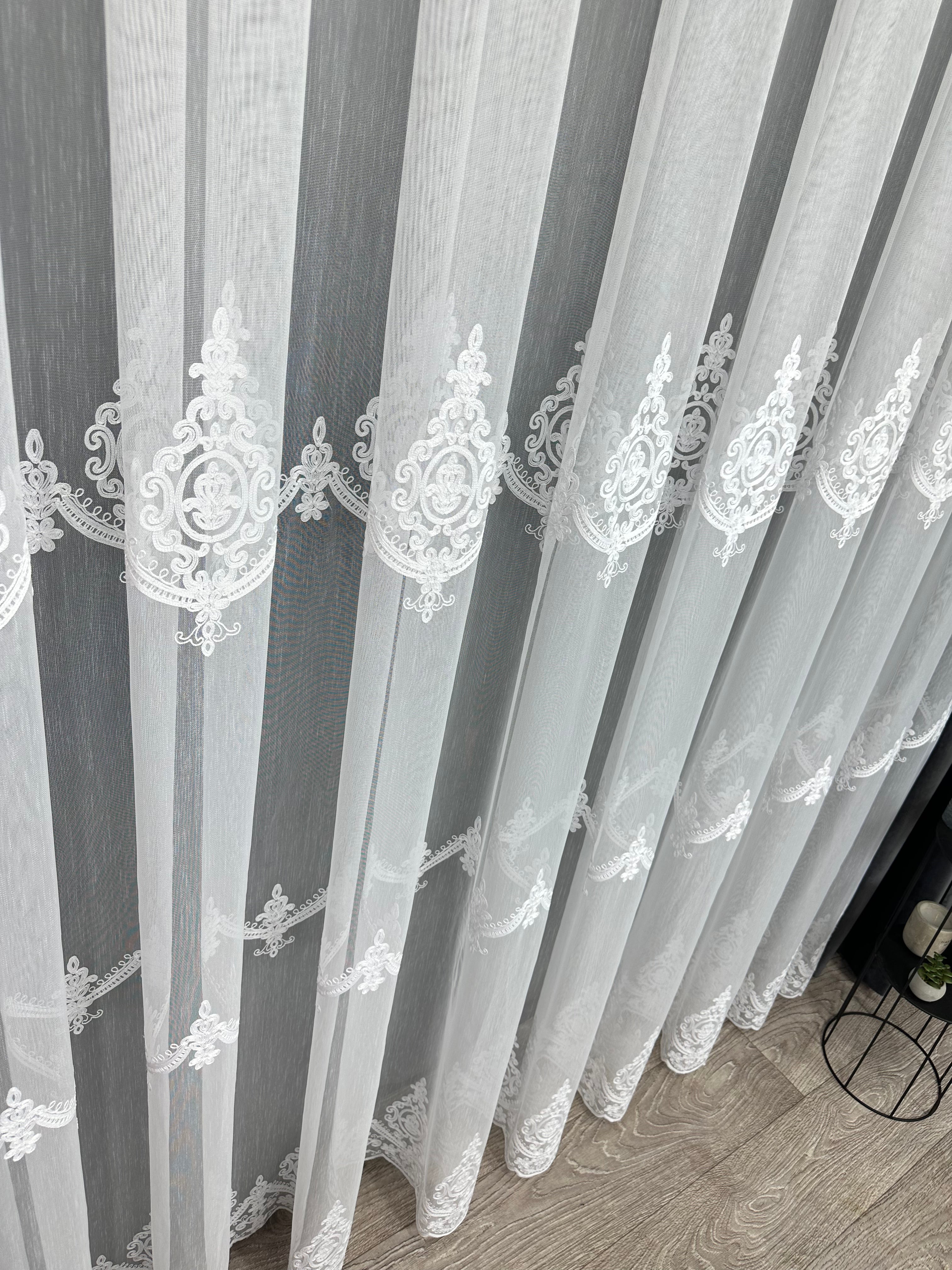 Bamboo-based sheer curtain with chenille embroidery, white color