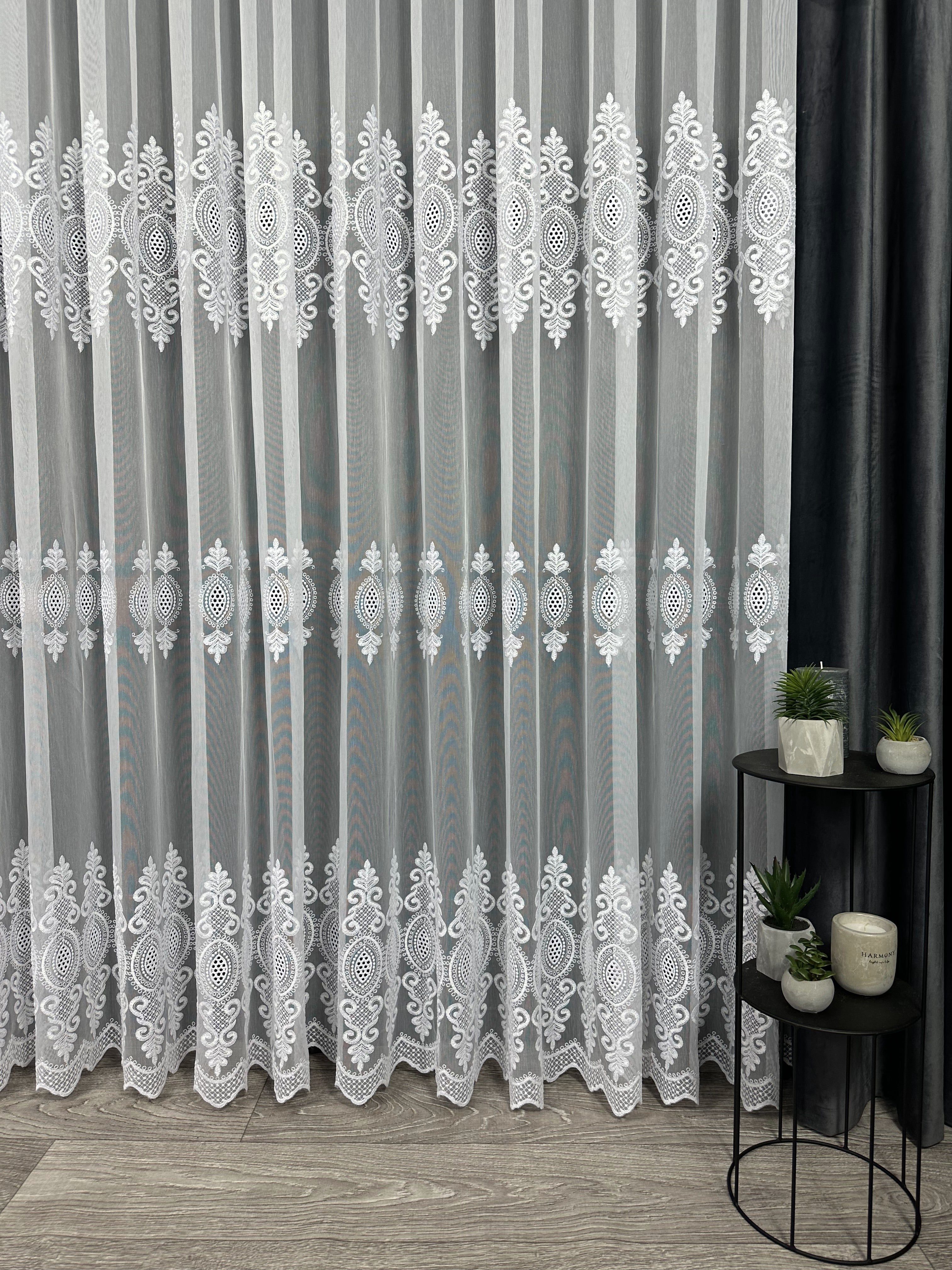 Sheer curtain with beautiful embroidery, white color