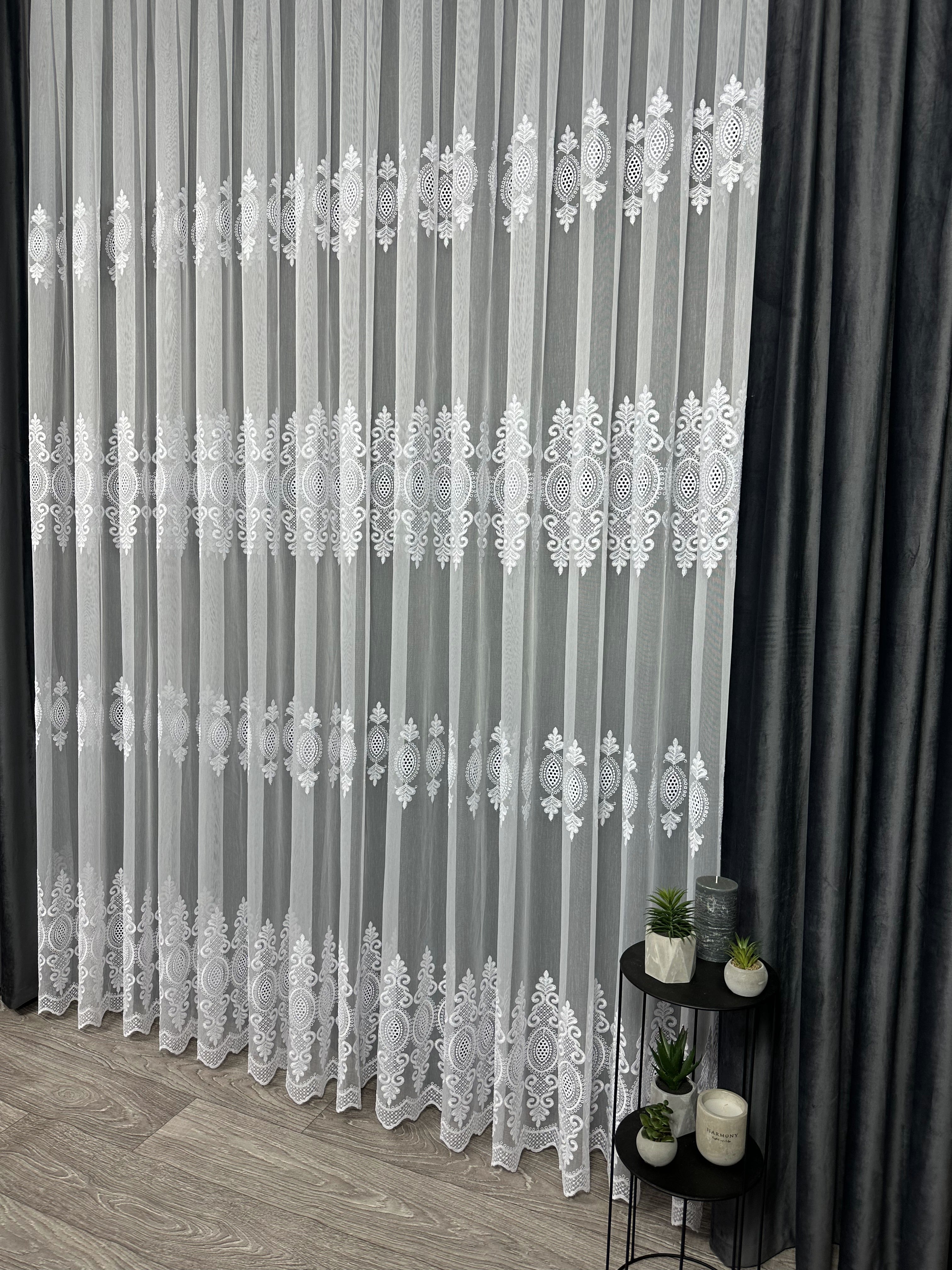 Sheer curtain with beautiful embroidery, white color