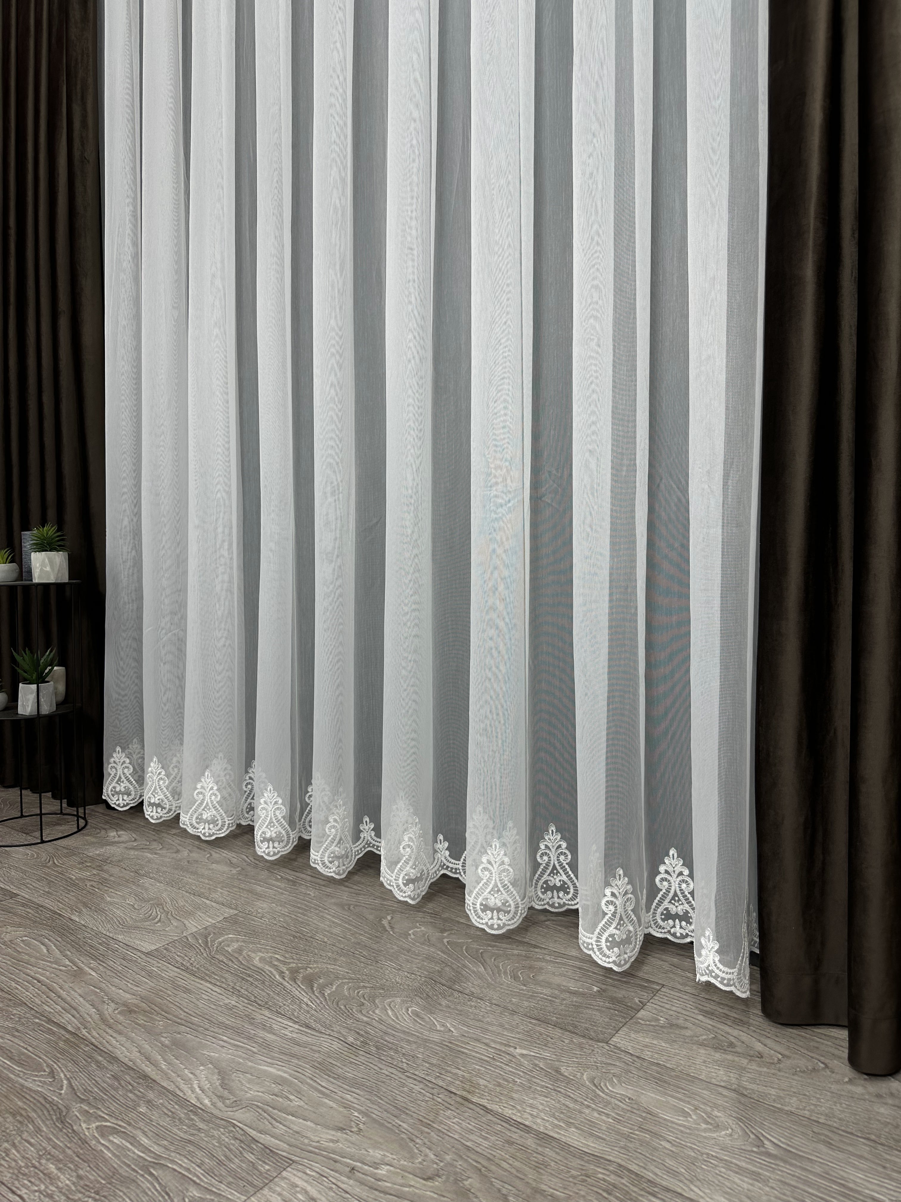 Bamboo-based sheer curtain with embroidery on the bottom, milk color