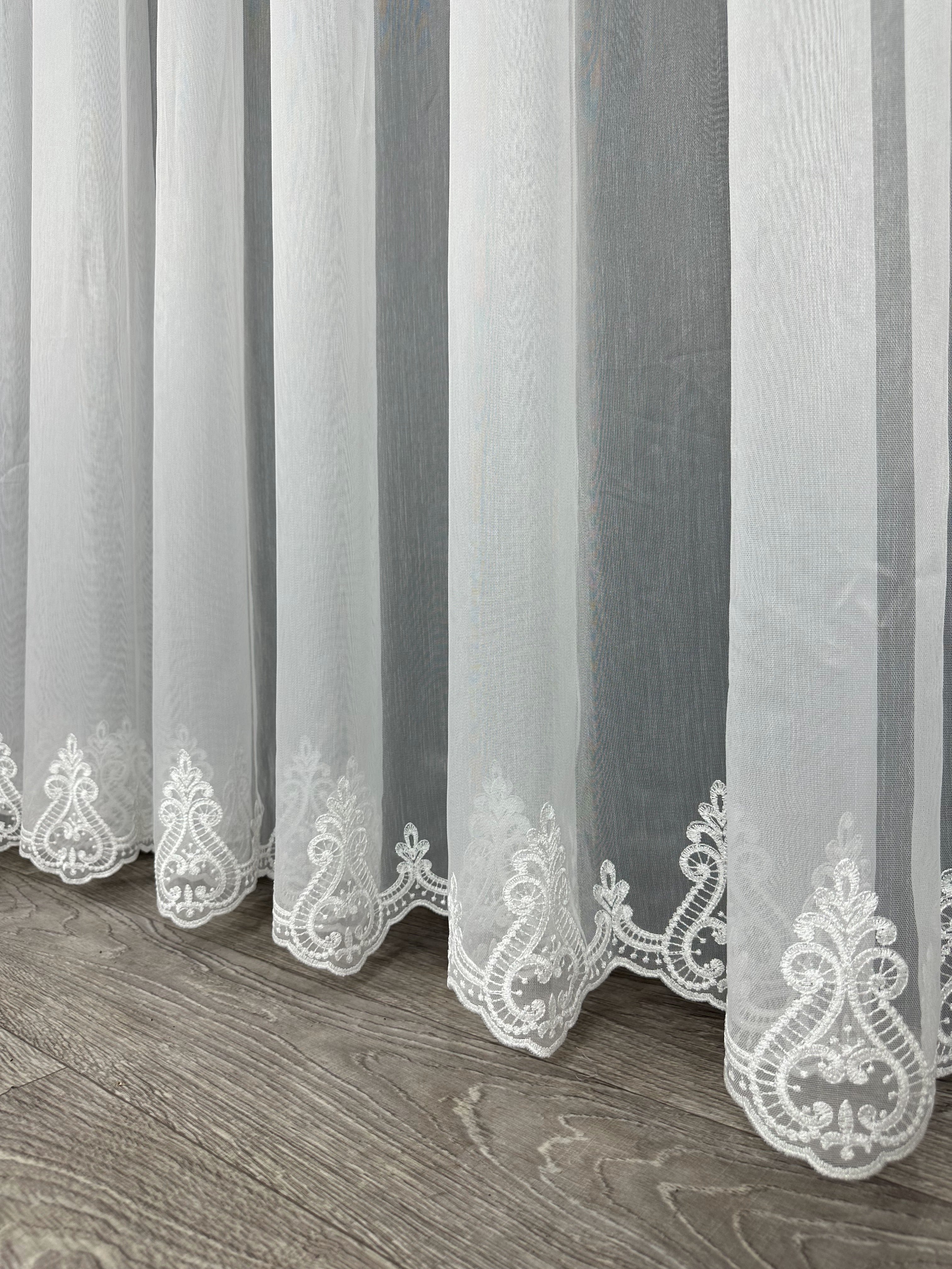 Bamboo-based sheer curtain with embroidery on the bottom, milk color
