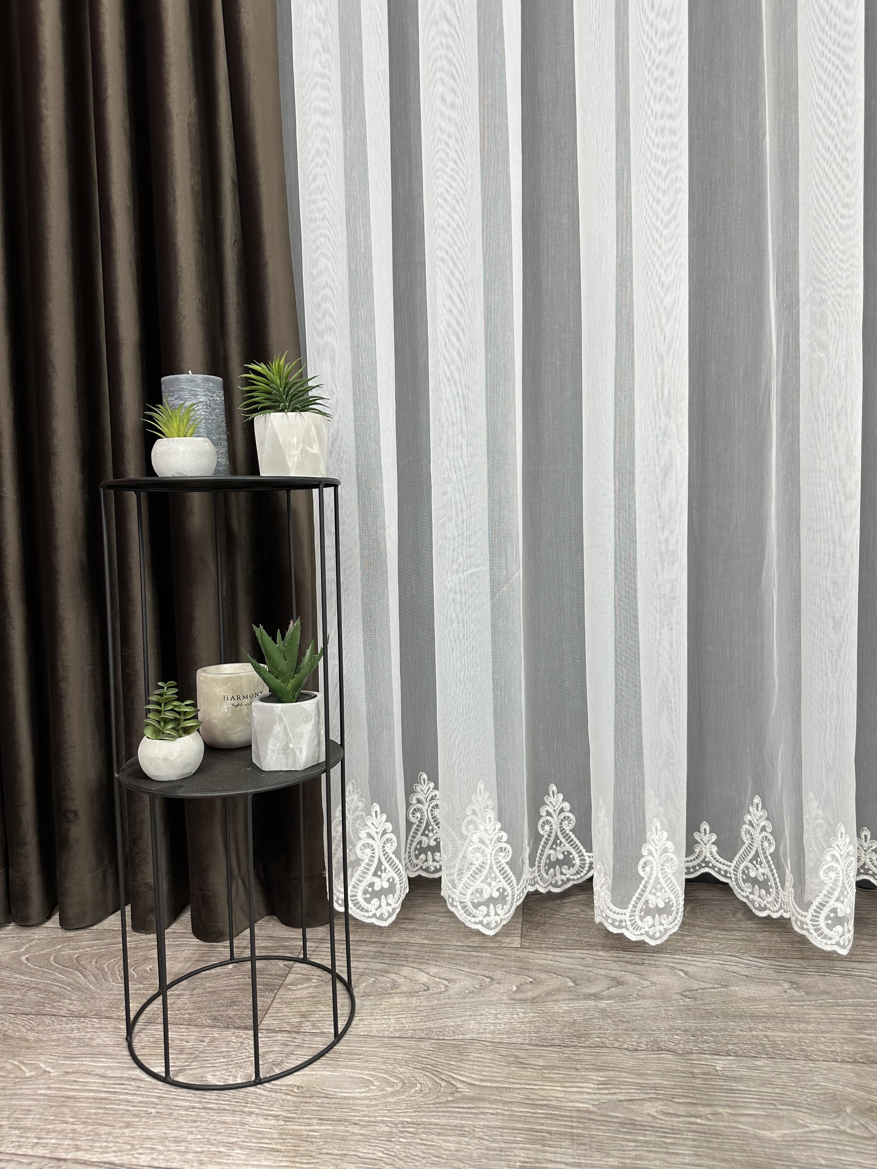 Bamboo-based sheer curtain with embroidery on the bottom, milk color