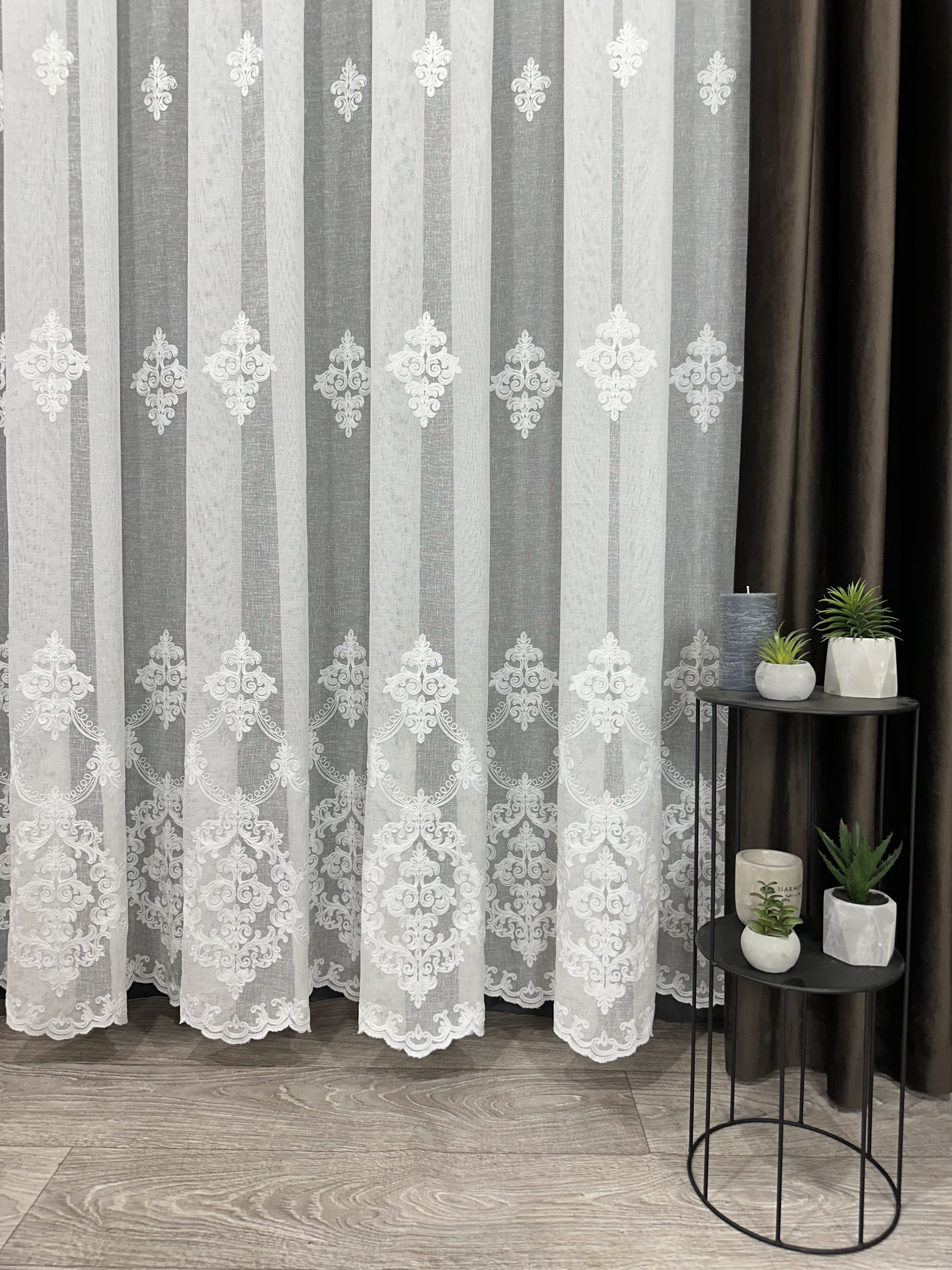 Linen sheer curtain with beautiful embroidery, milk color
