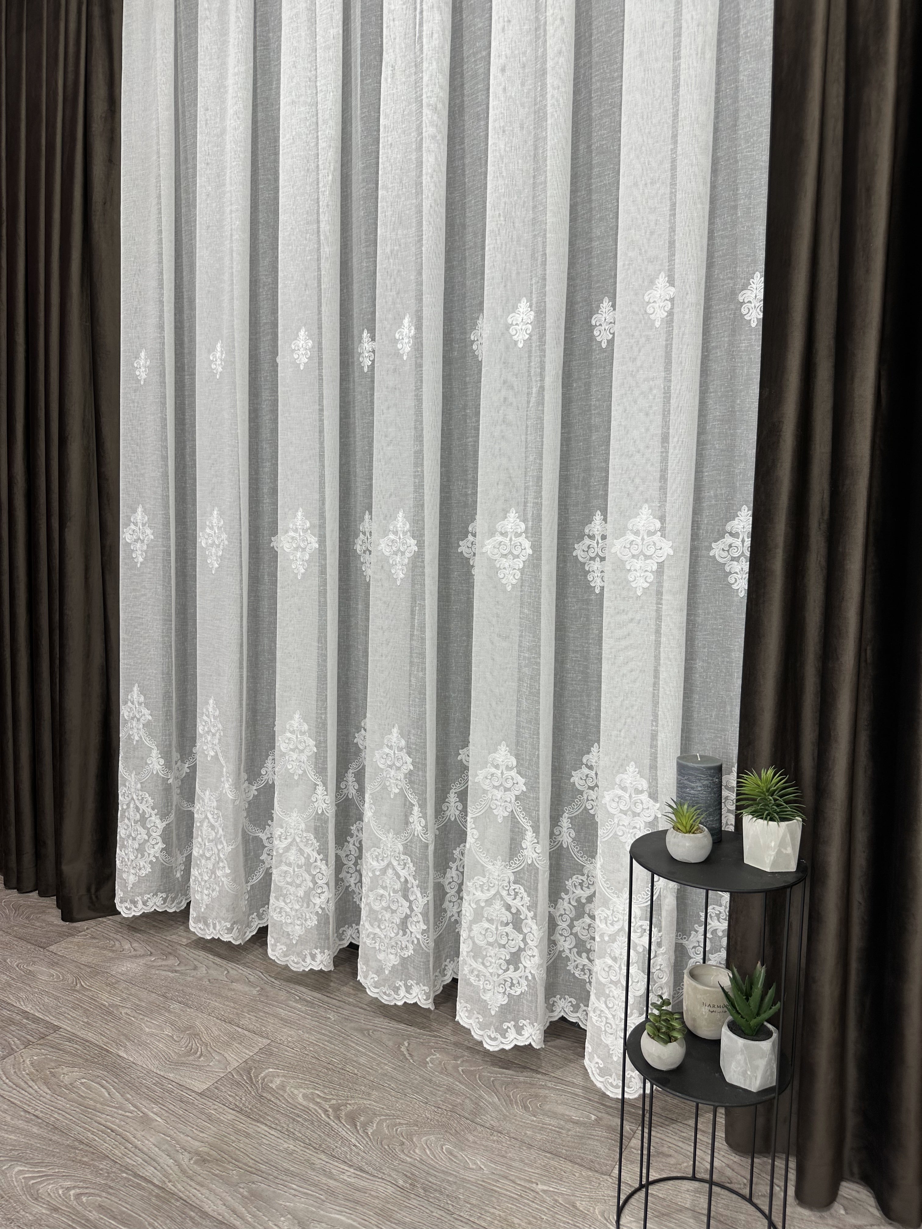 Linen sheer curtain with beautiful embroidery, milk color