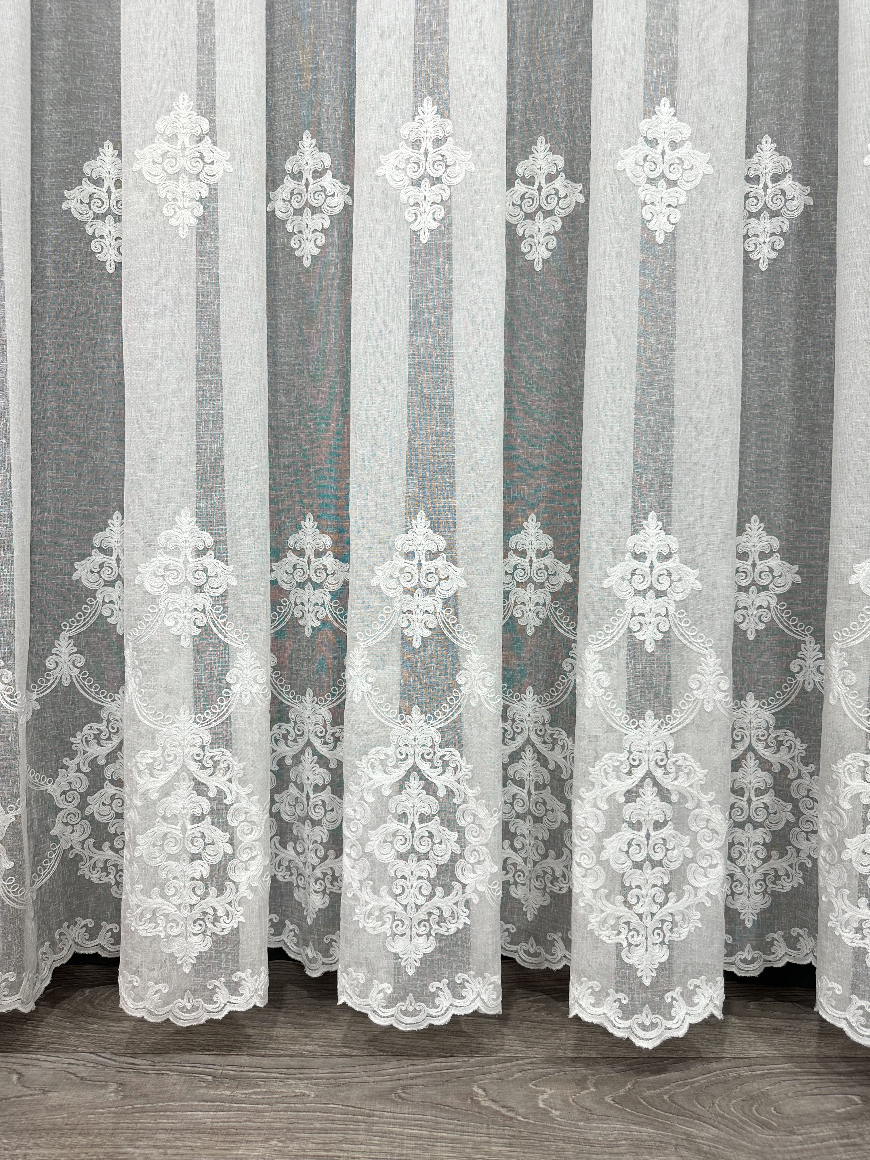 Linen sheer curtain with beautiful embroidery, milk color