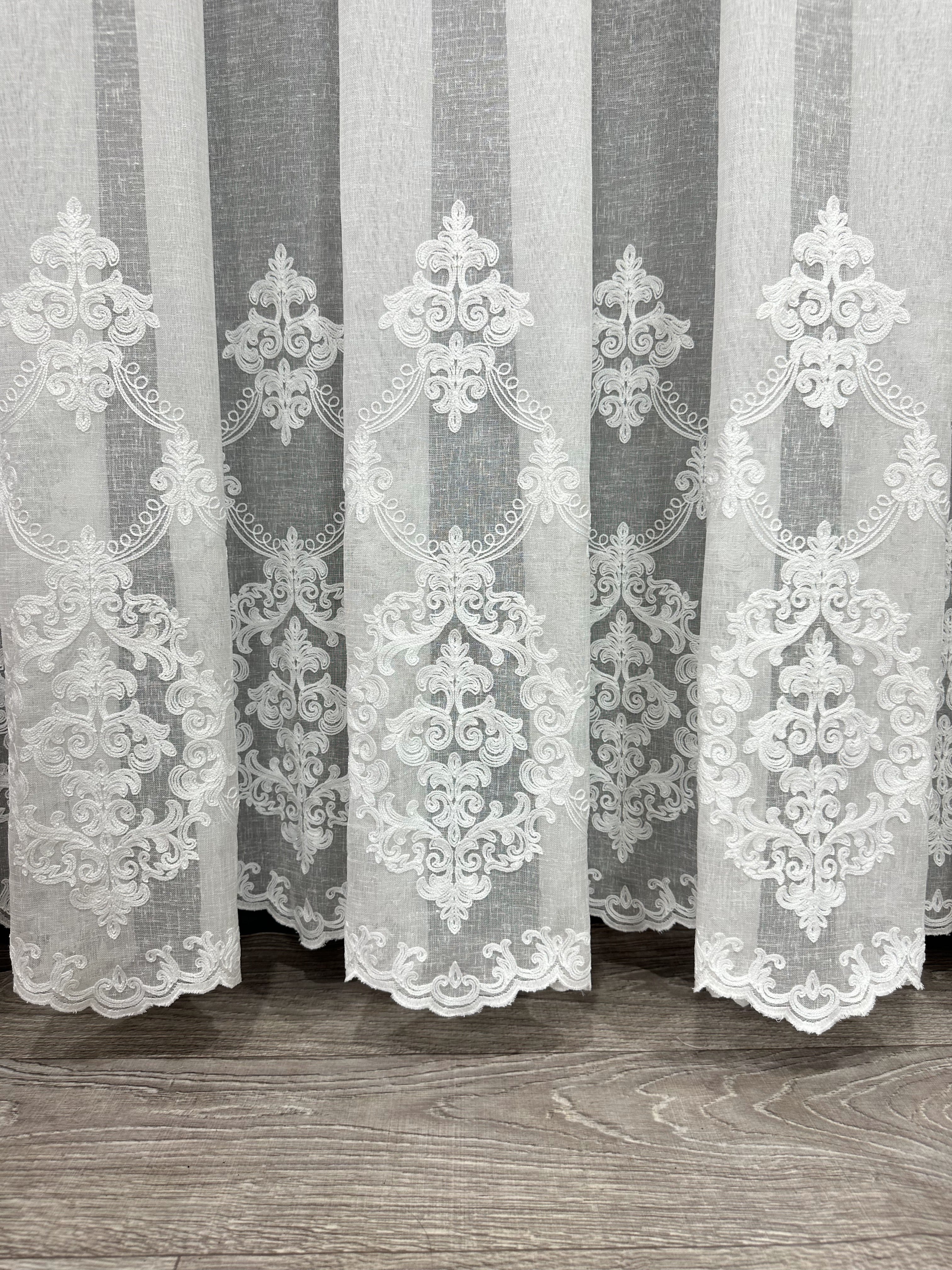 Linen sheer curtain with beautiful embroidery, milk color