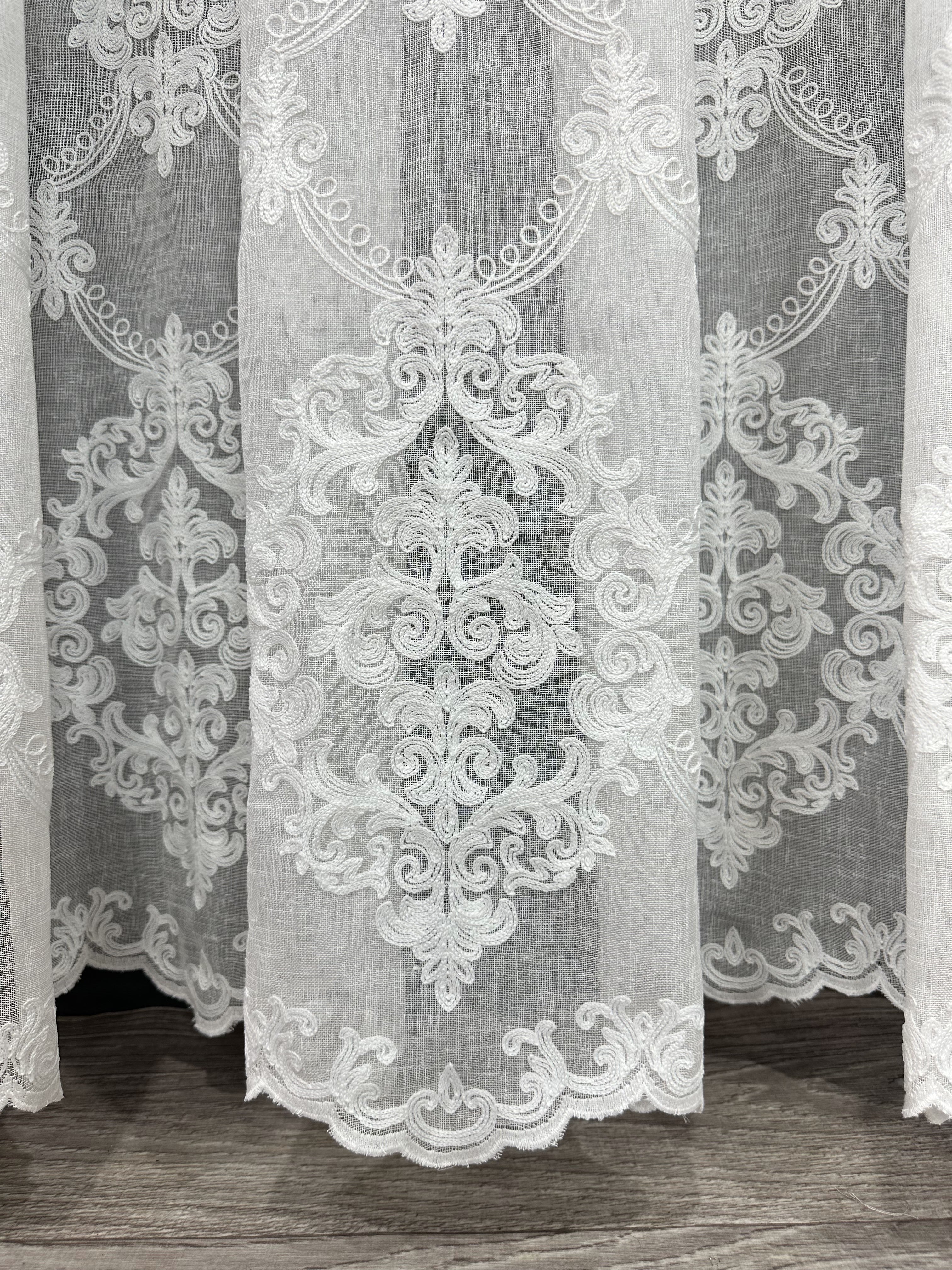 Linen sheer curtain with beautiful embroidery, milk color