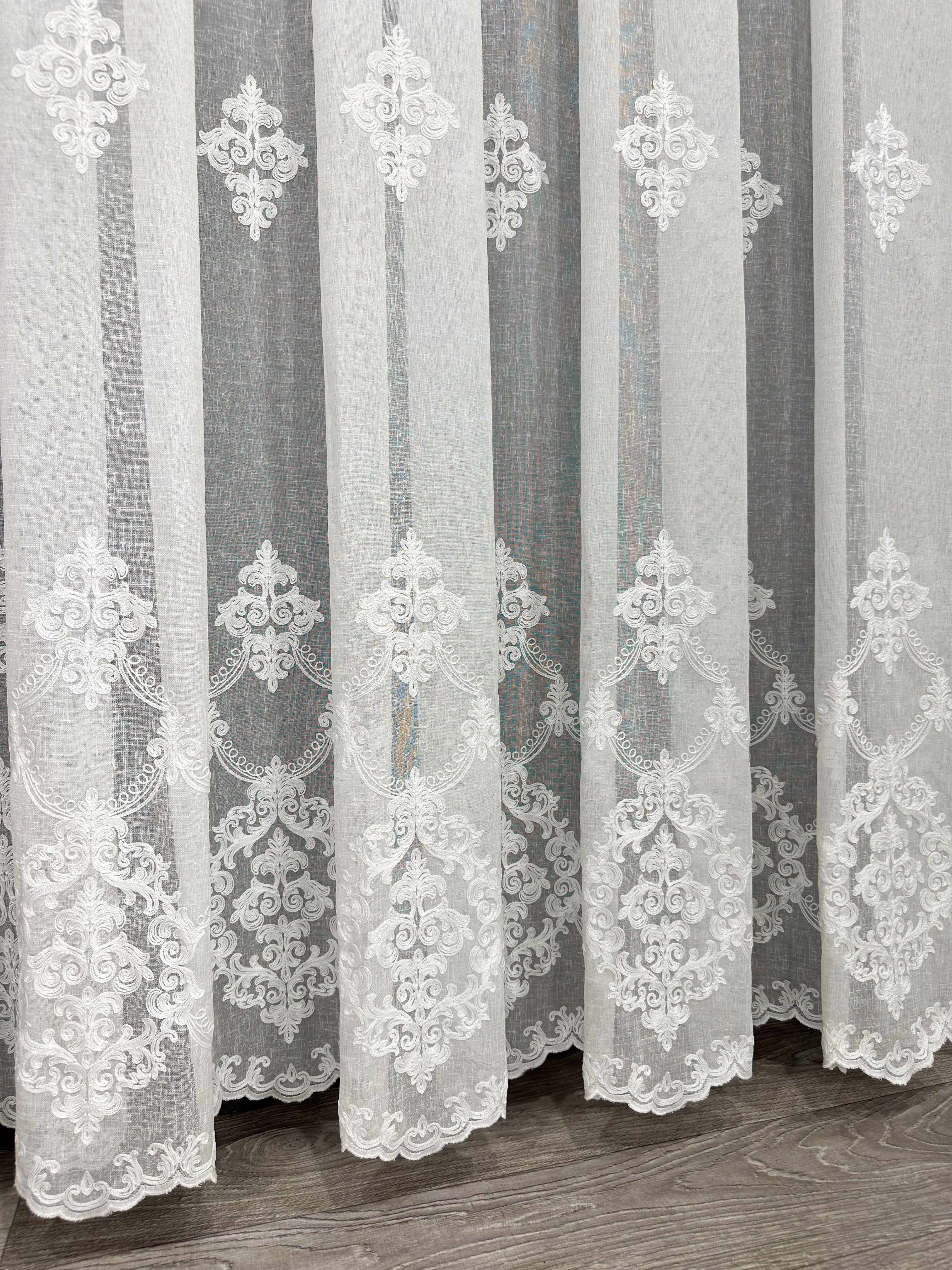 Linen sheer curtain with beautiful embroidery, milk color