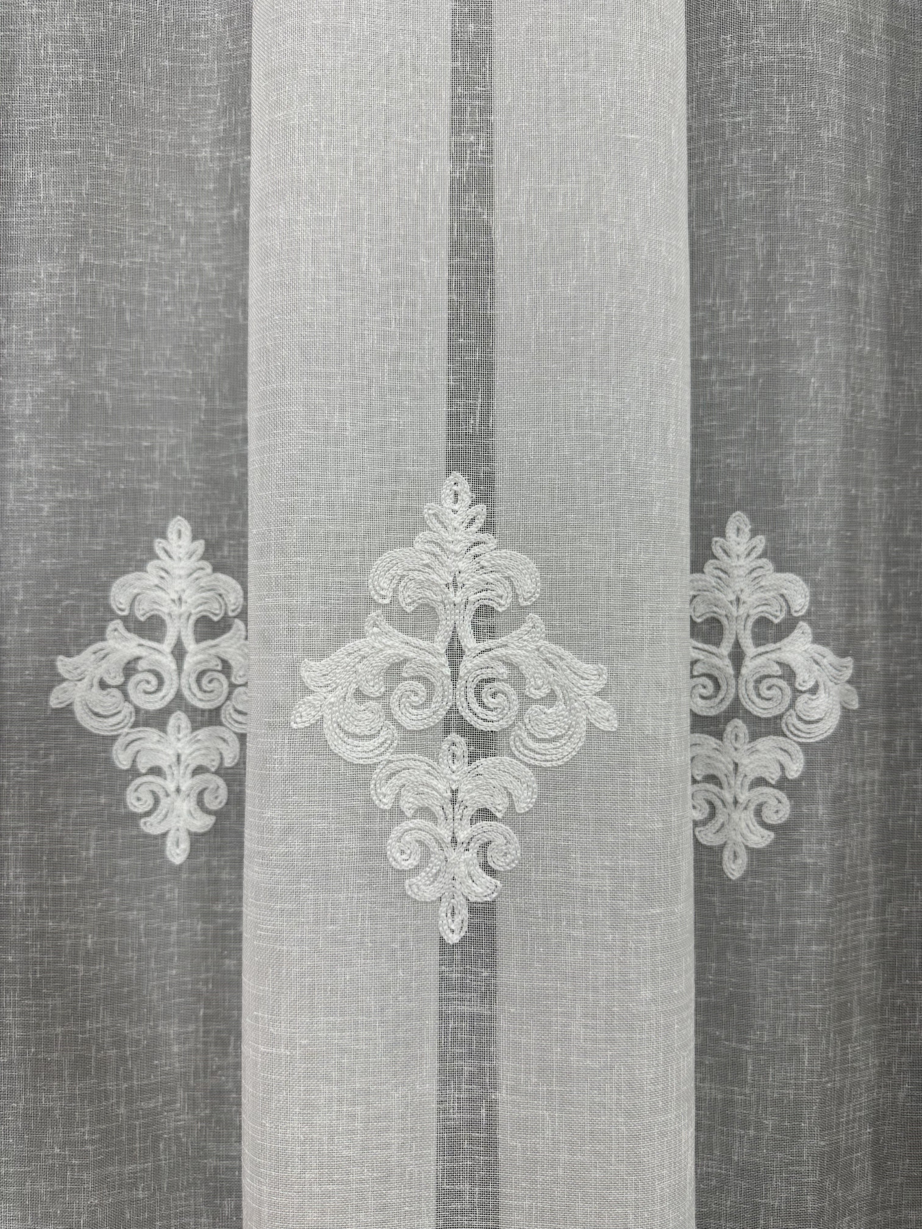 Linen sheer curtain with beautiful embroidery, milk color