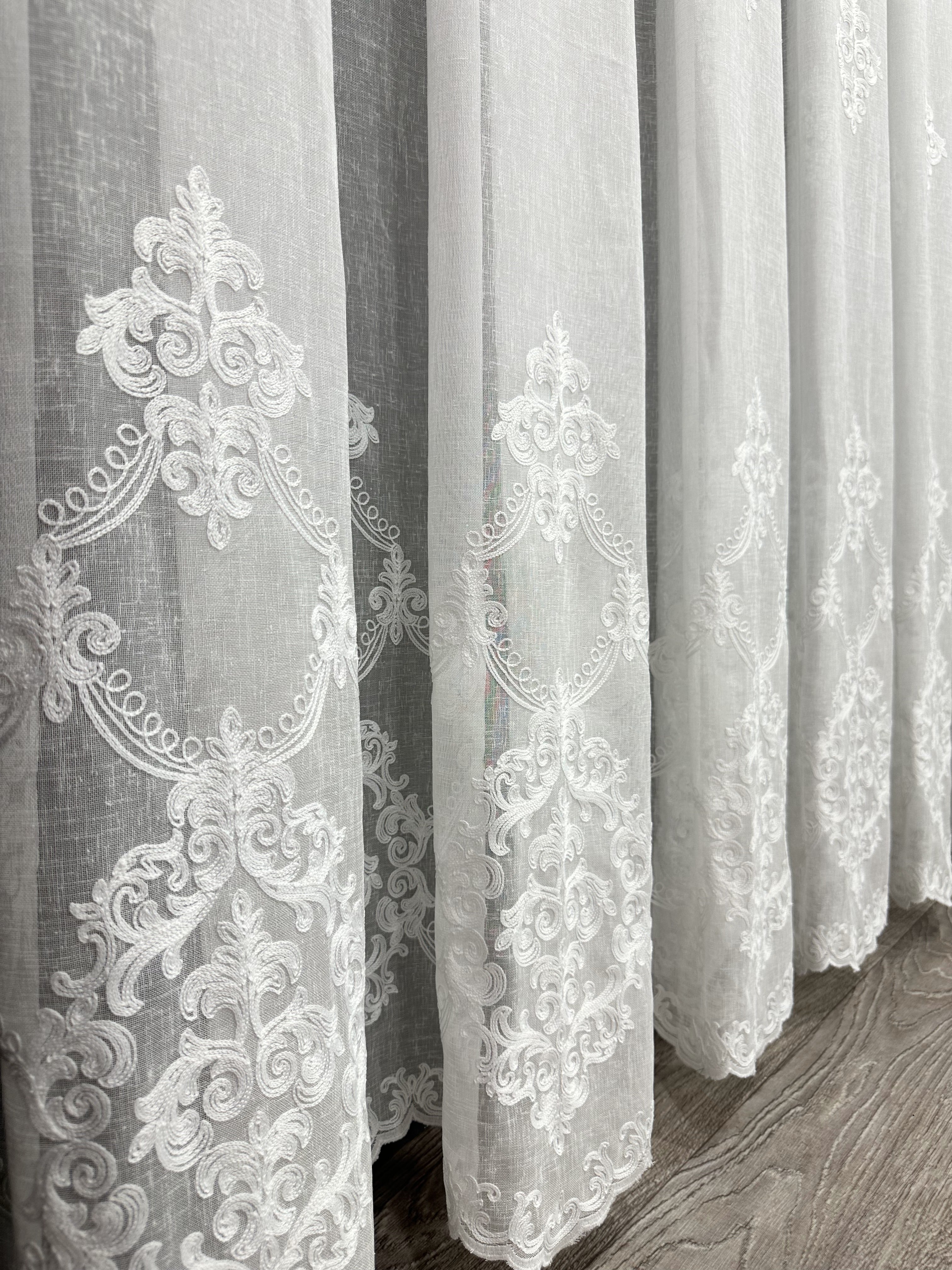 Linen sheer curtain with beautiful embroidery, milk color