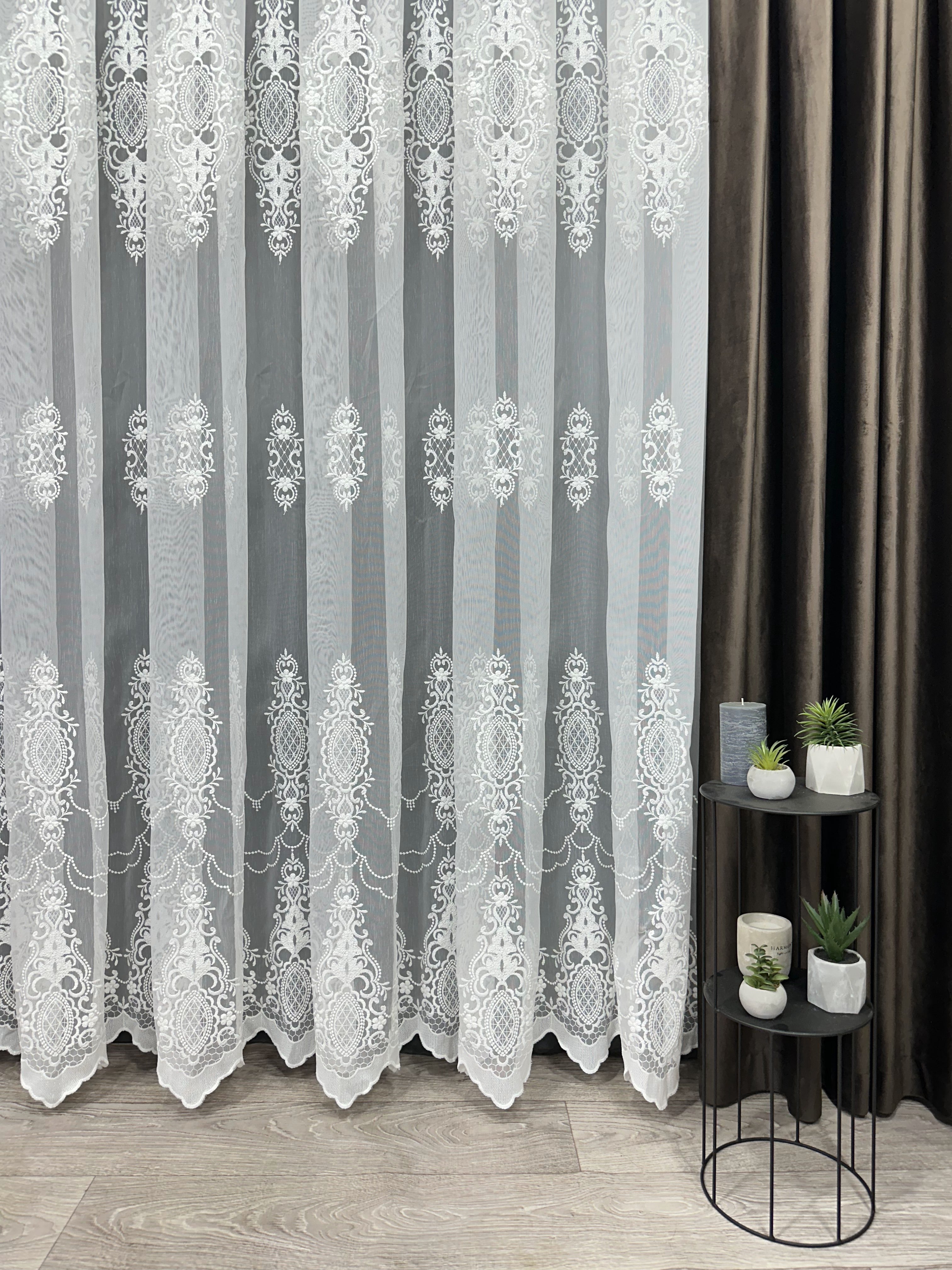 Bamboo-based sheer curtain with embroidery, milk color