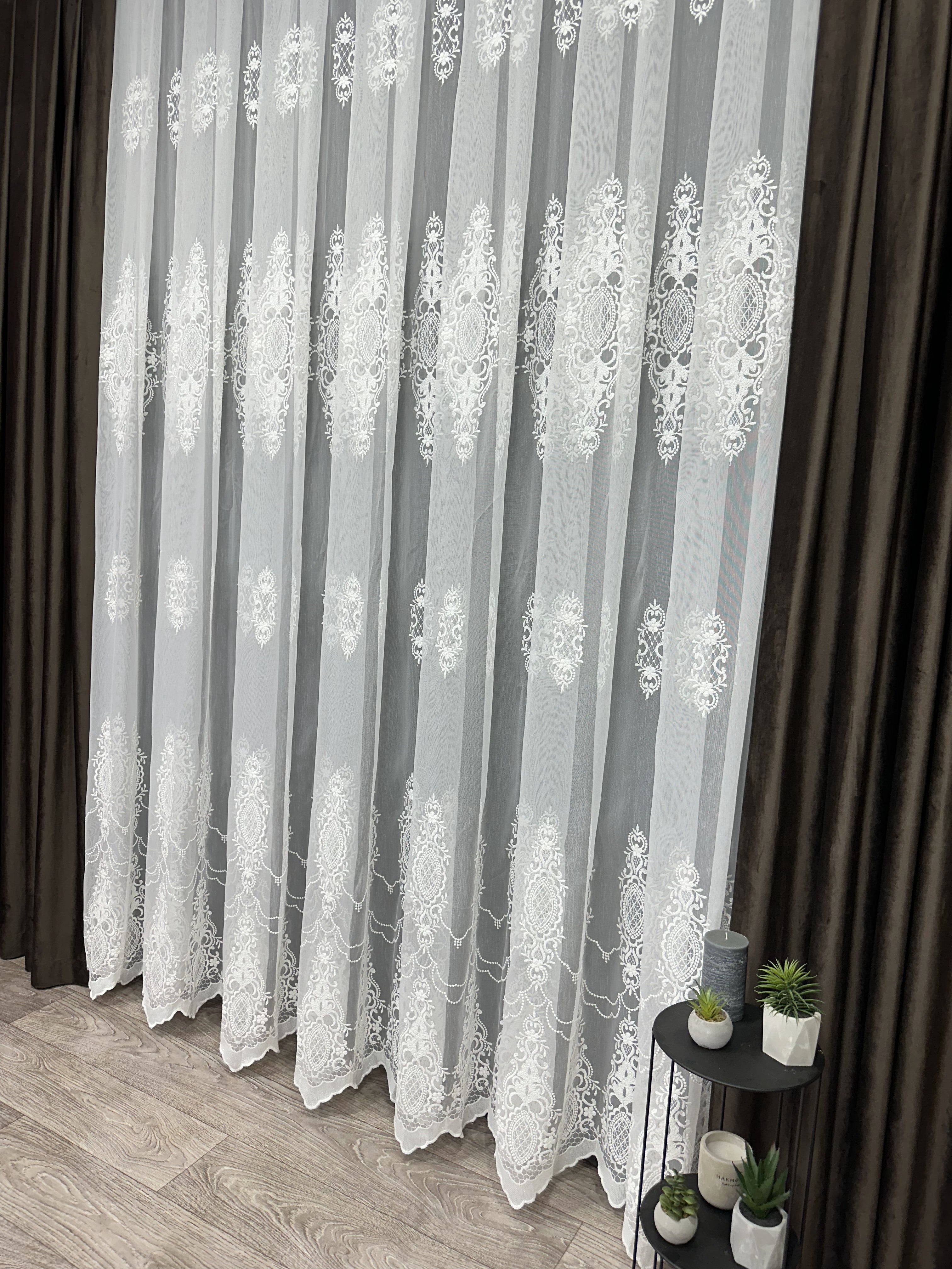 Bamboo-based sheer curtain with embroidery, milk color