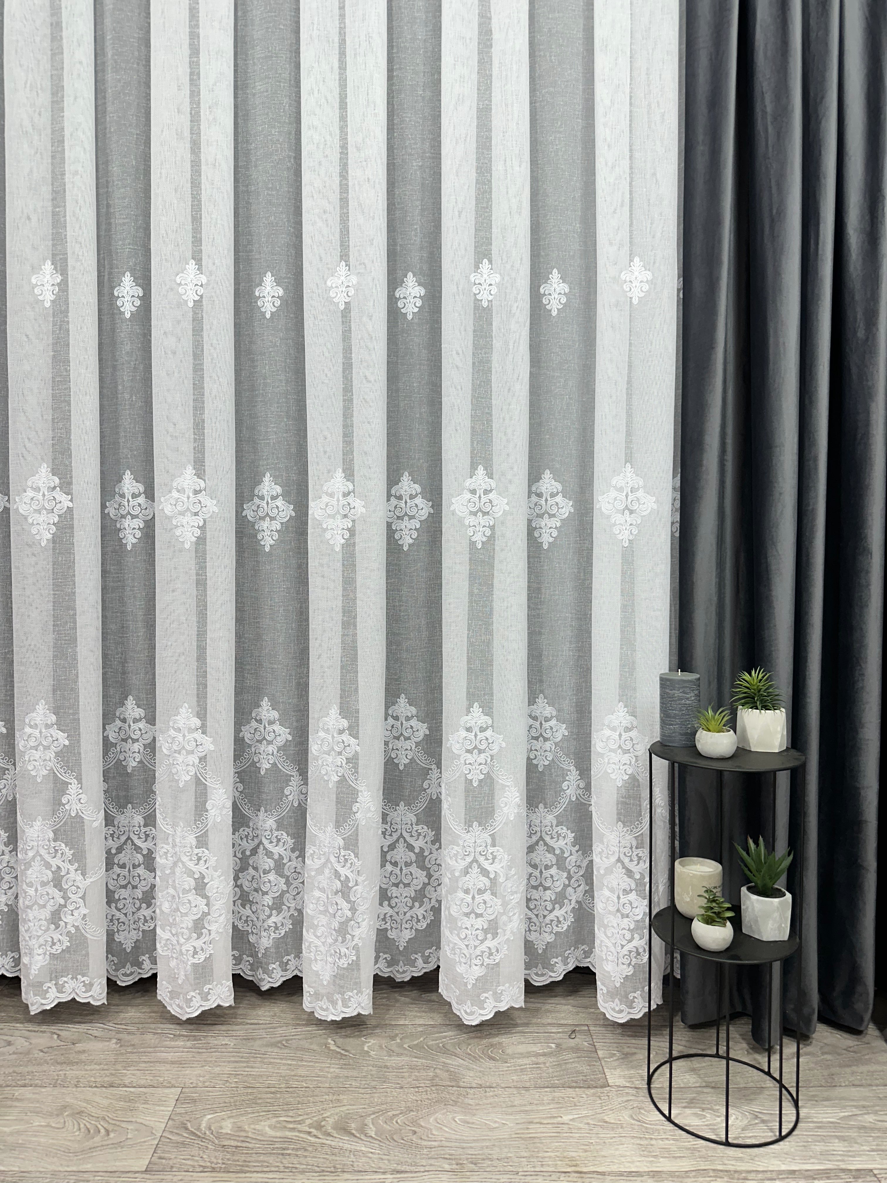 Linen sheer curtain with beautiful embroidery, white color