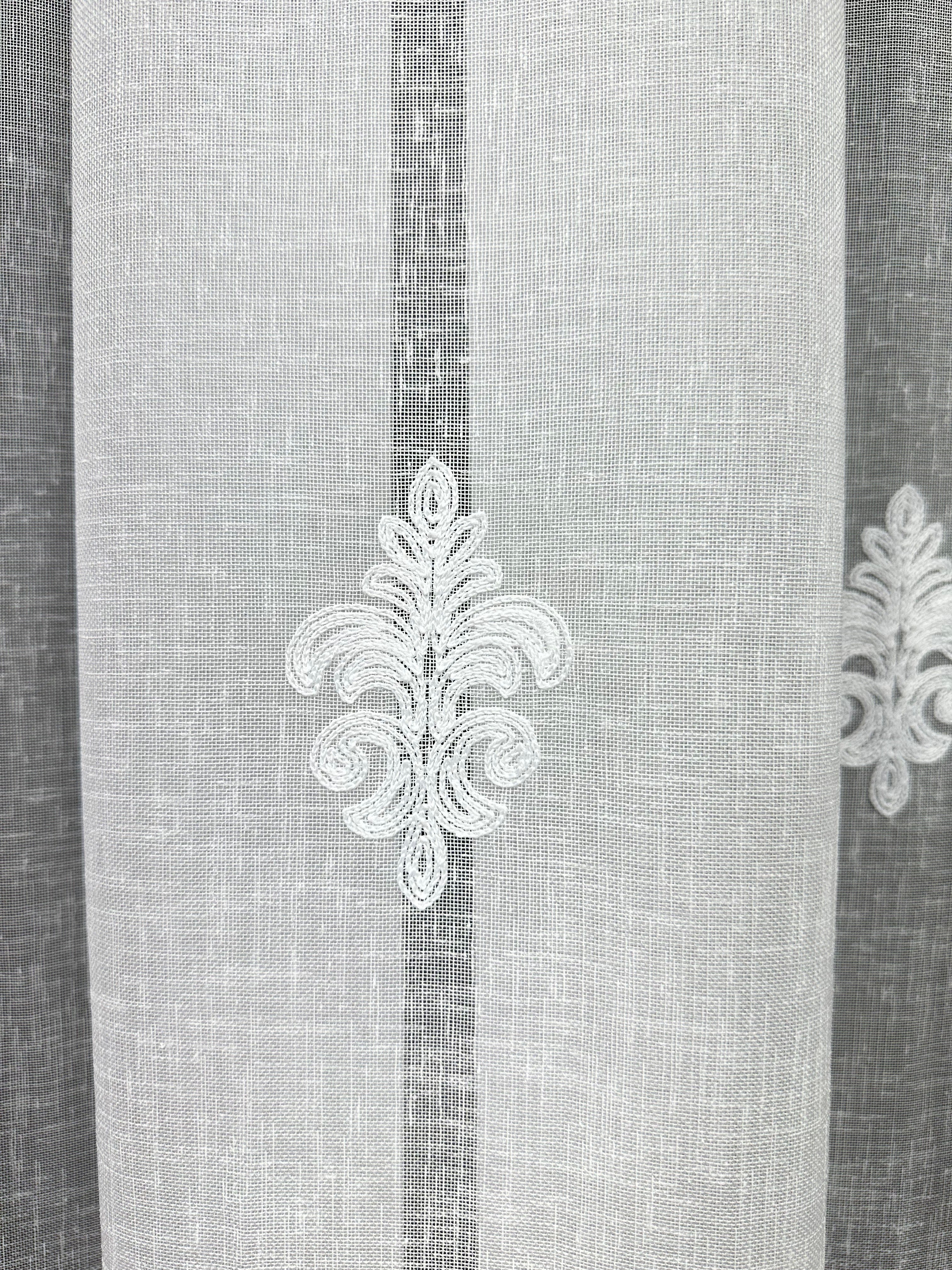 Linen sheer curtain with beautiful embroidery, white color