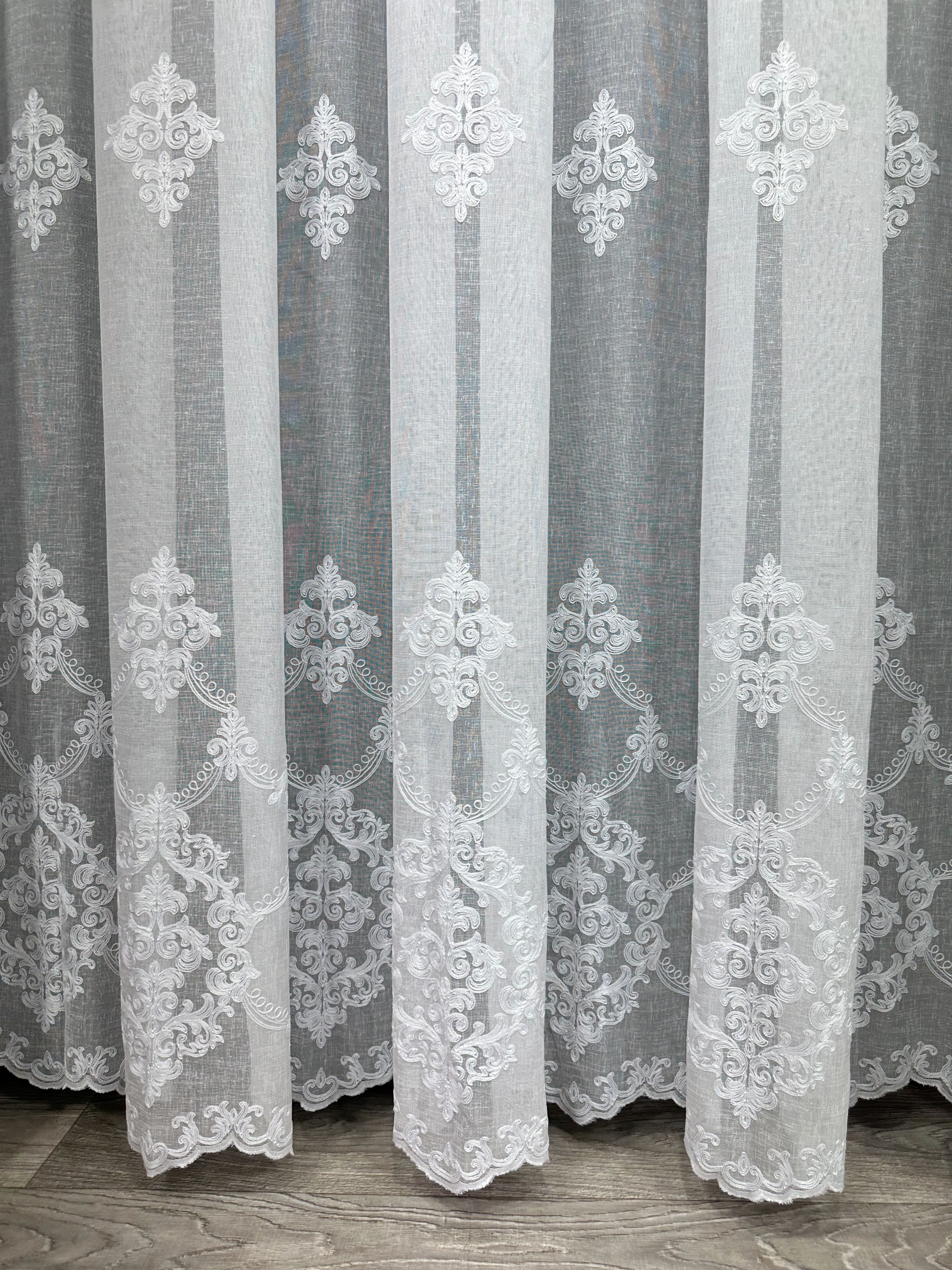 Linen sheer curtain with beautiful embroidery, white color