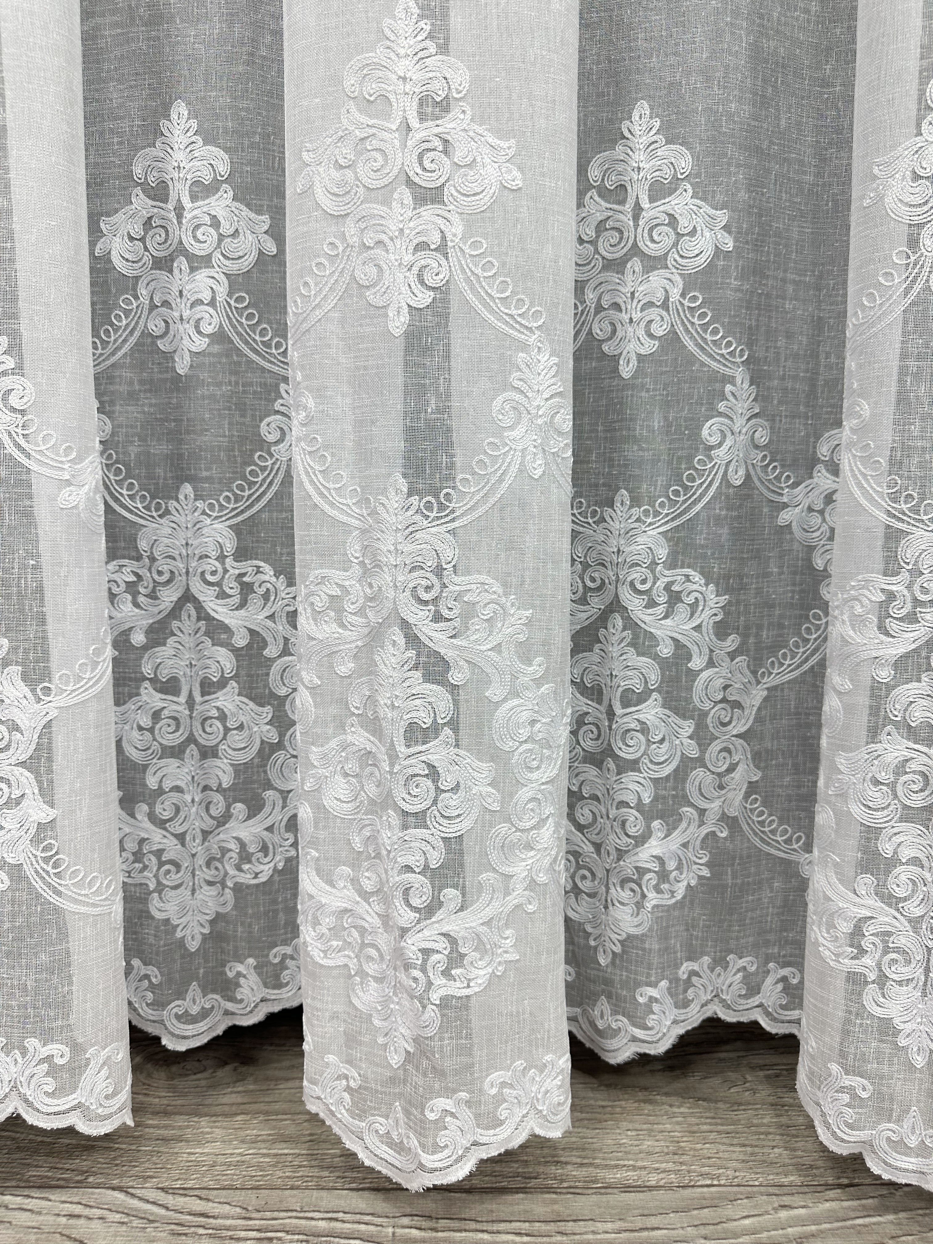 Linen sheer curtain with beautiful embroidery, white color