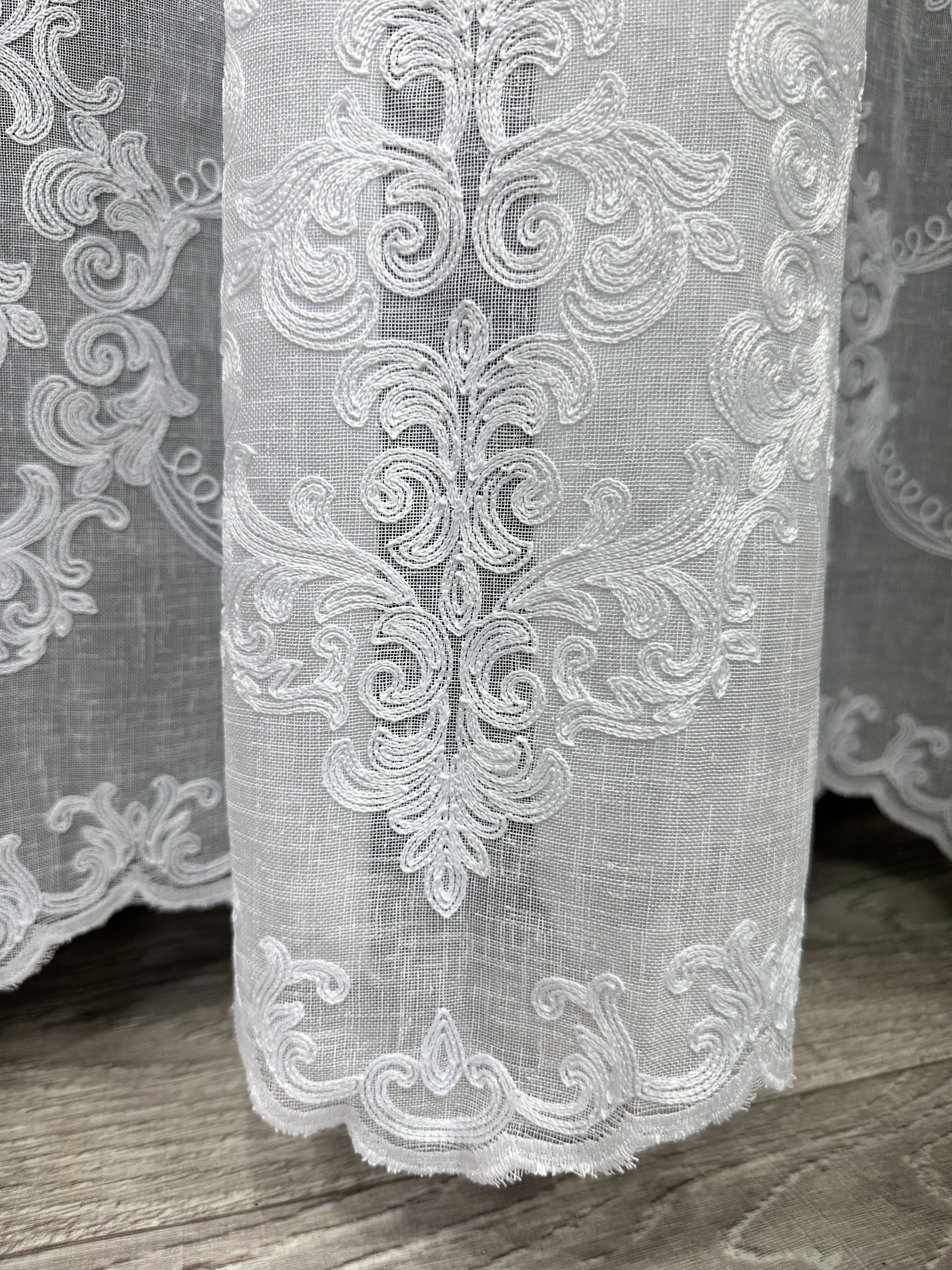 Linen sheer curtain with beautiful embroidery, white color
