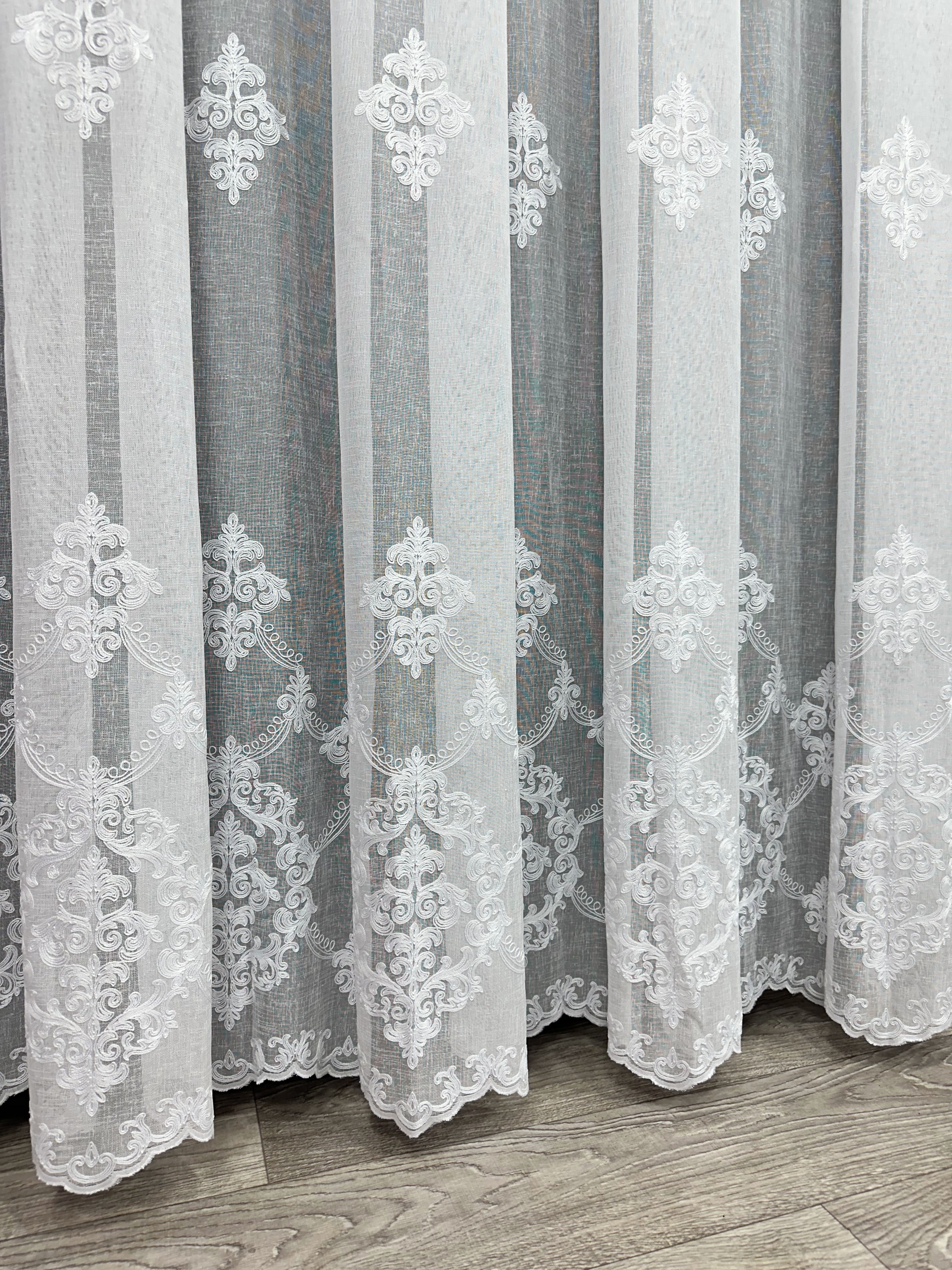 Linen sheer curtain with beautiful embroidery, white color