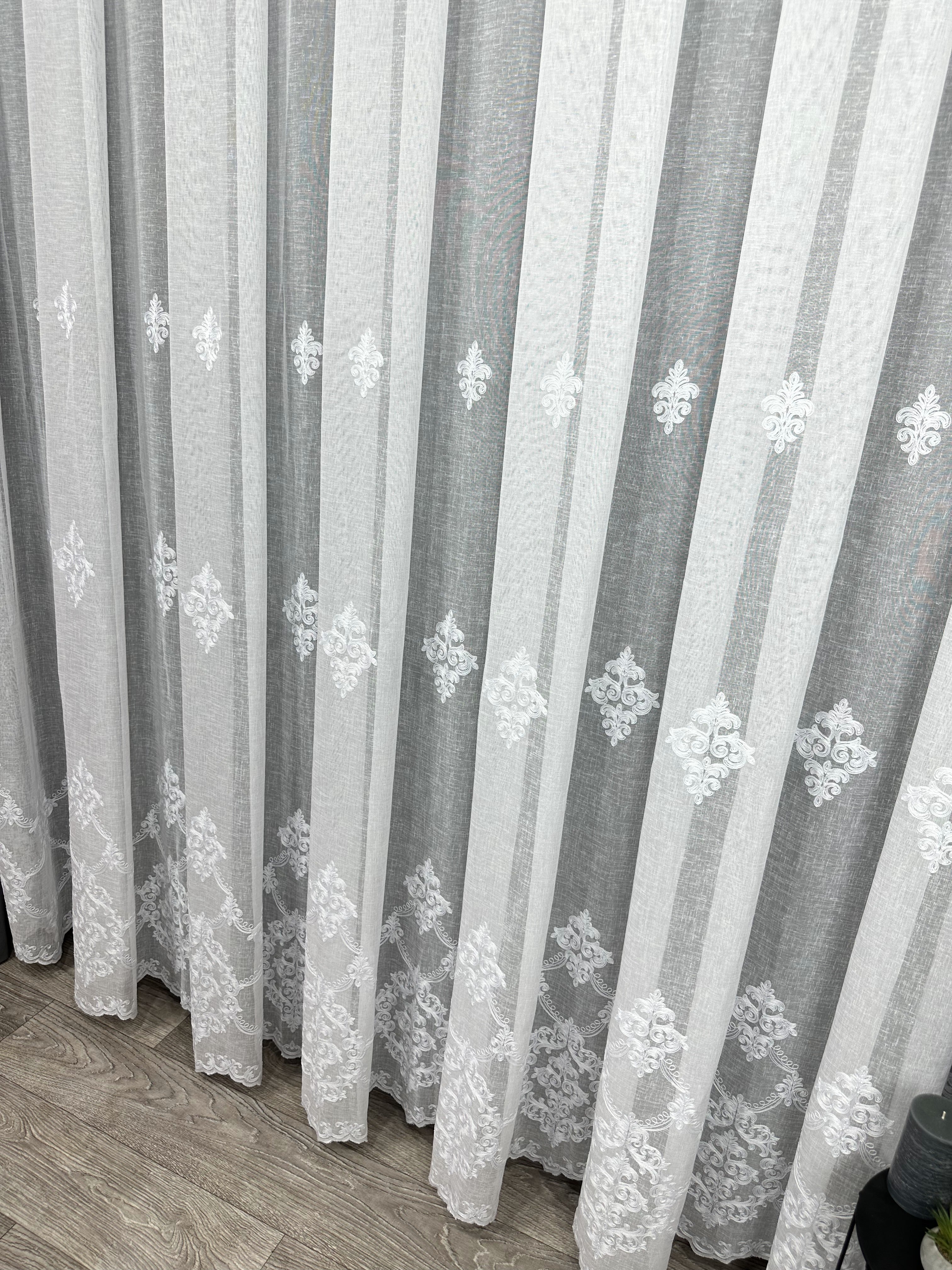 Linen sheer curtain with beautiful embroidery, white color