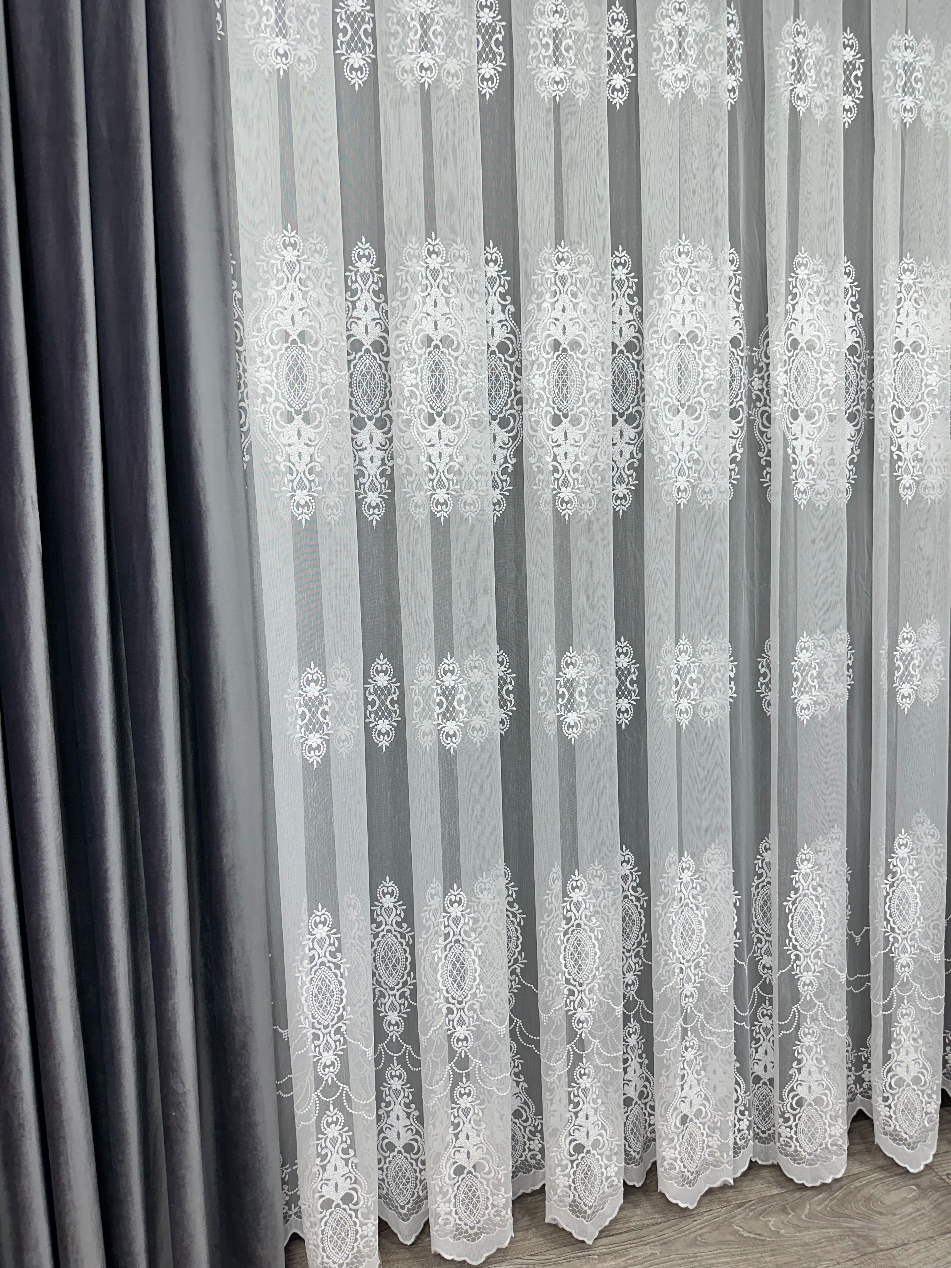 Bamboo-based sheer curtain with embroidery, white color