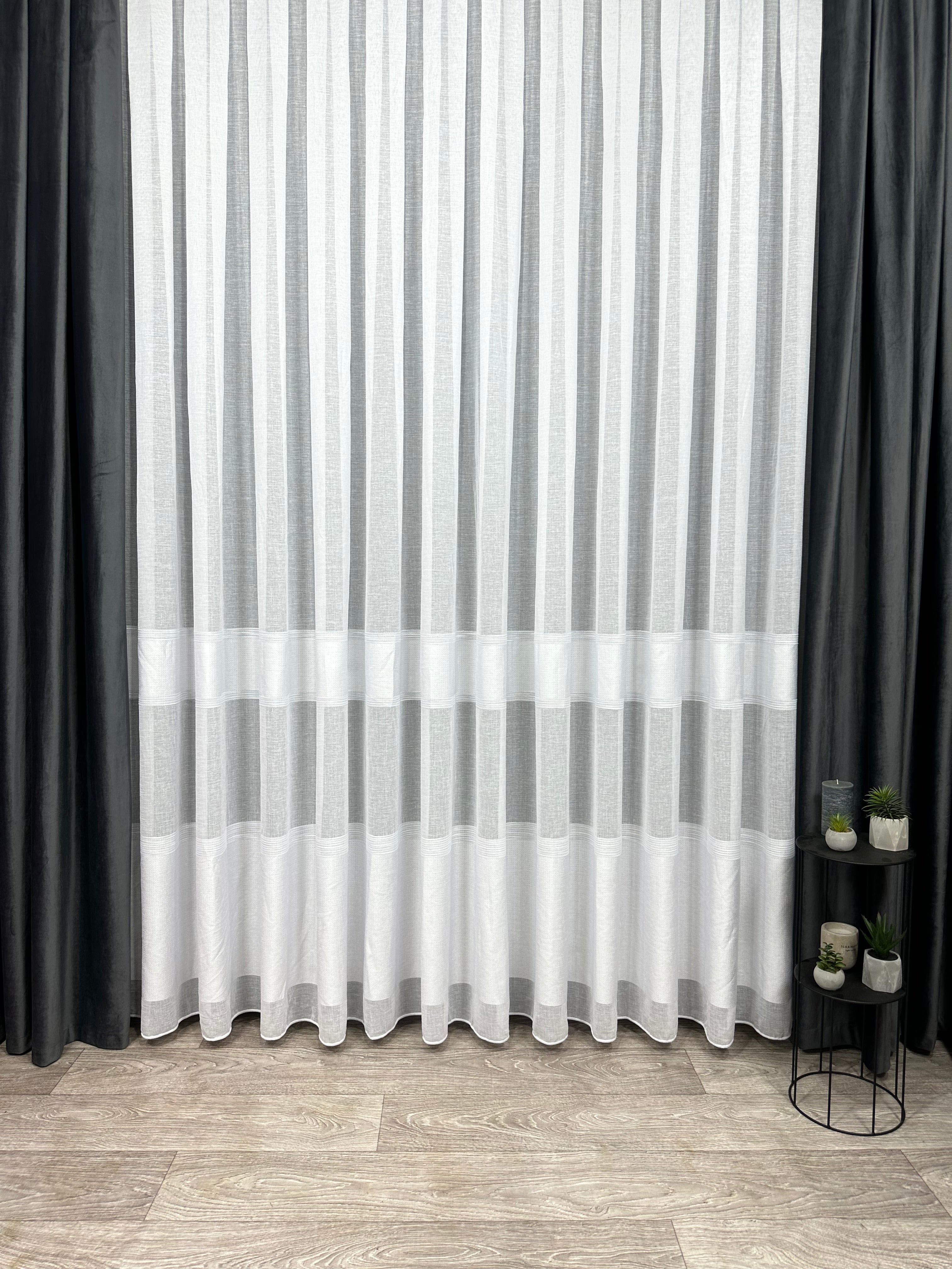 Linen sheer curtain with stripes, white color