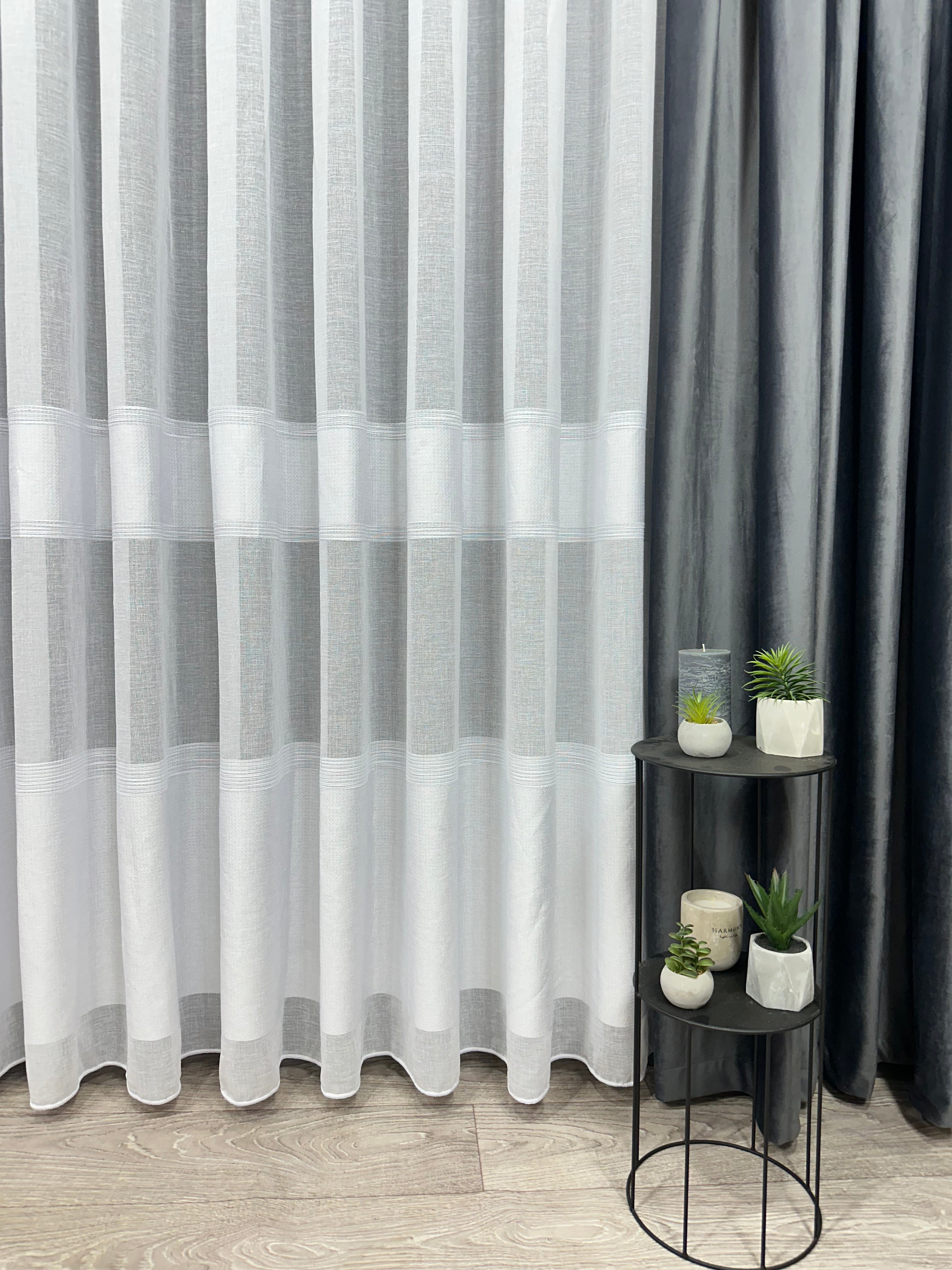 Linen sheer curtain with stripes, white color