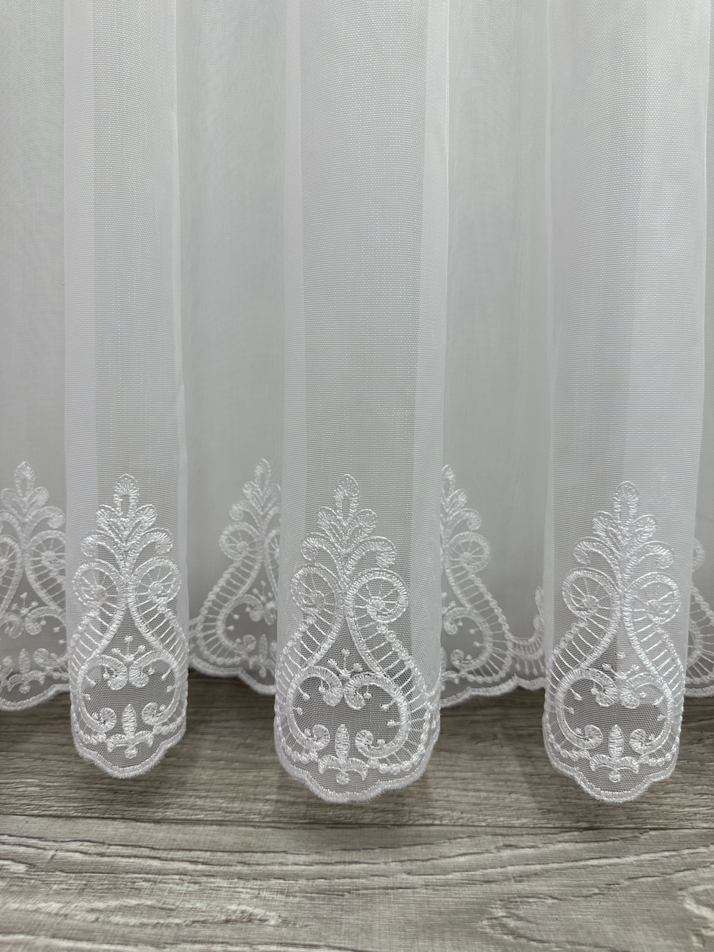 Bamboo-based sheer curtain with embroidery on the bottom, white color