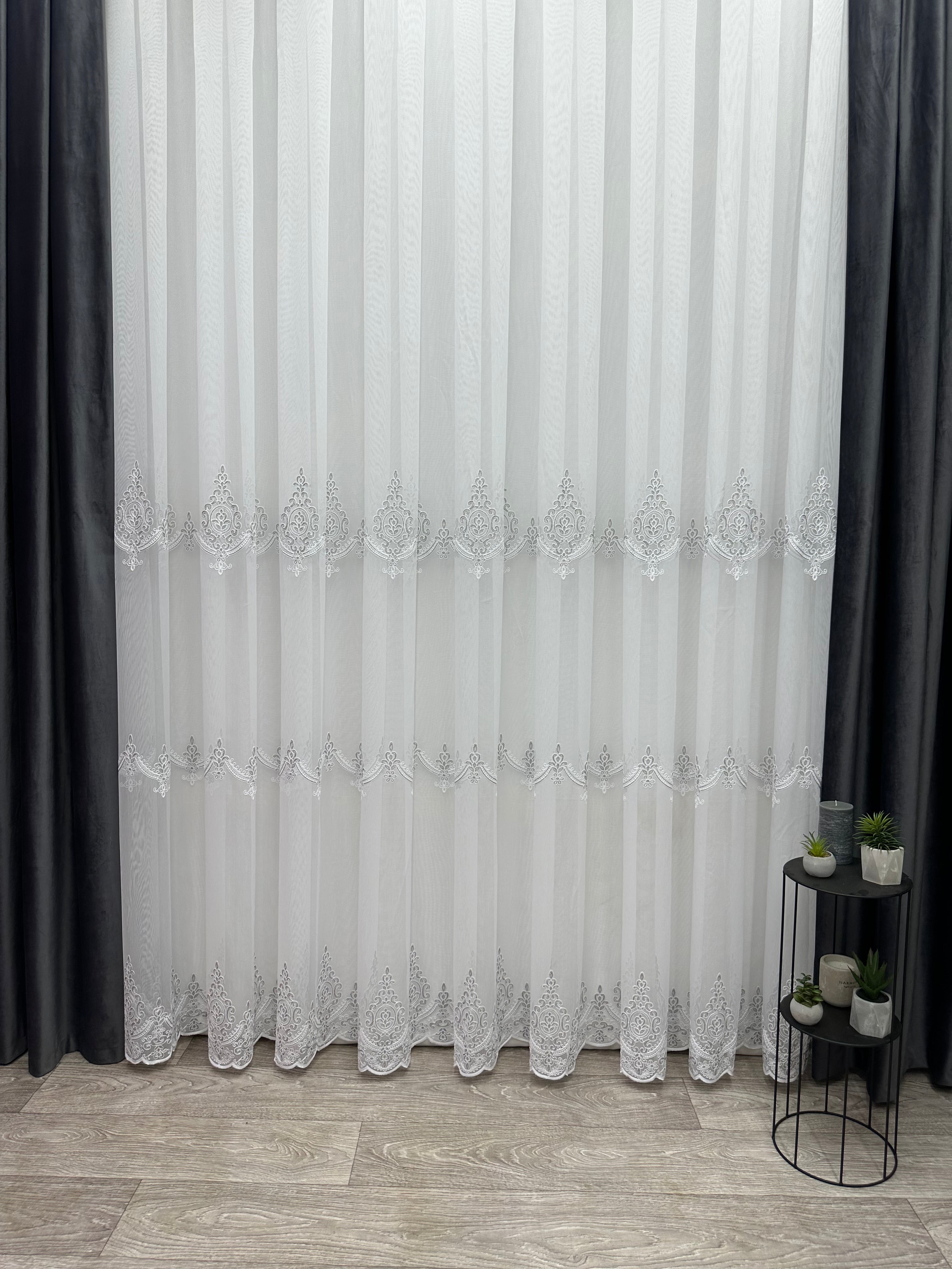 Bamboo-based sheer curtain with chenille embroidery, gray color
