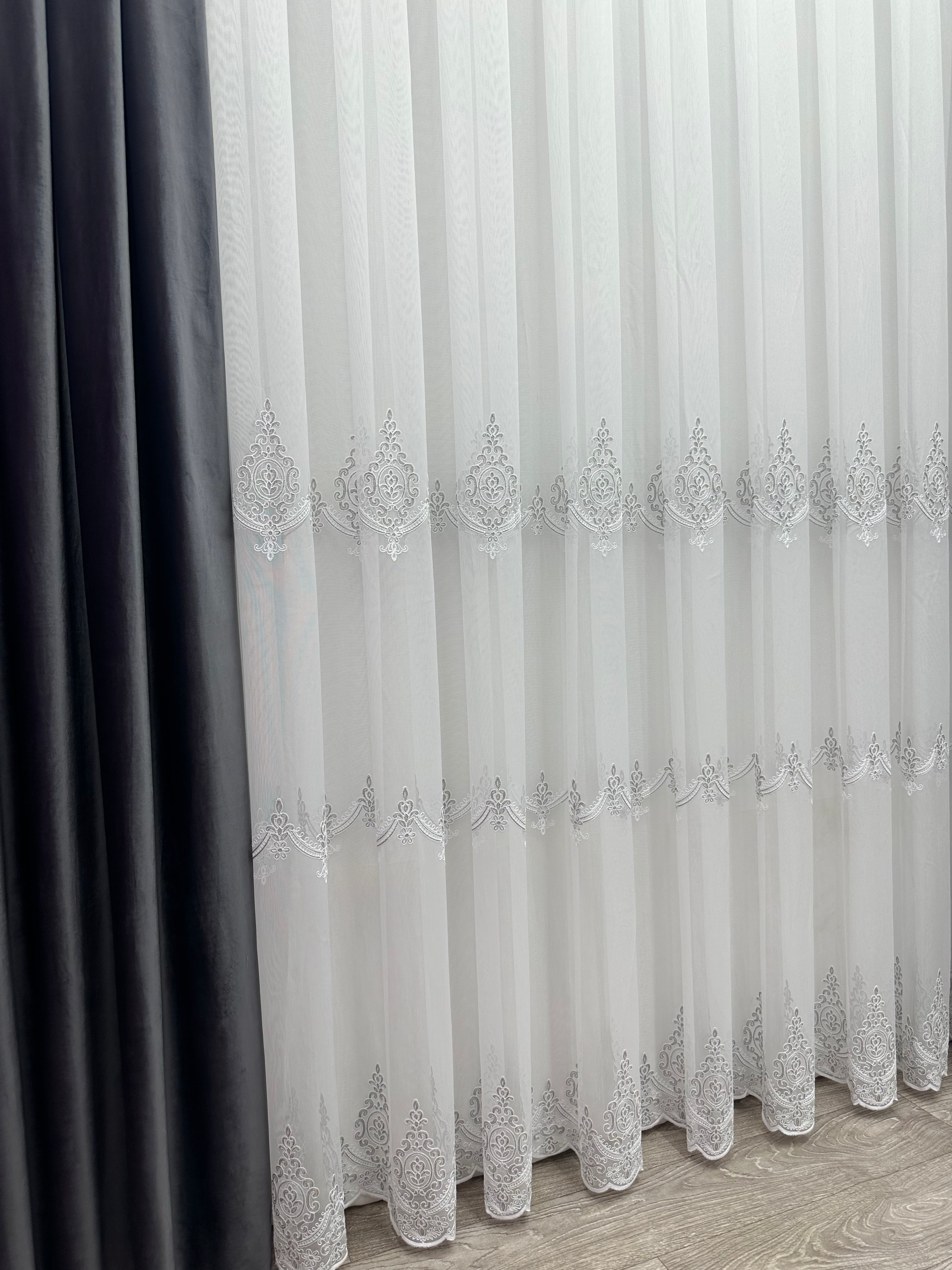 Bamboo-based sheer curtain with chenille embroidery, gray color