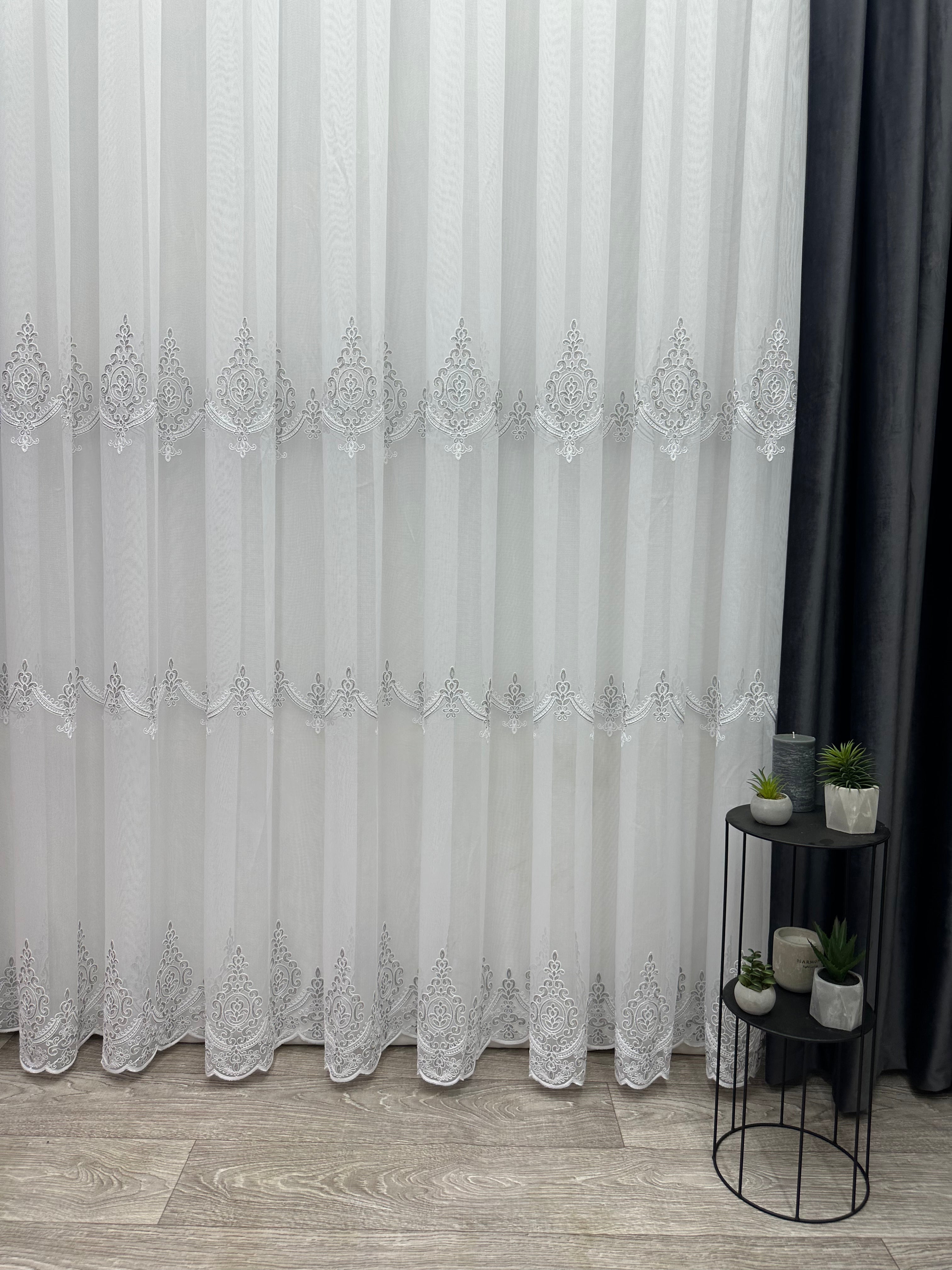 Bamboo-based sheer curtain with chenille embroidery, gray color