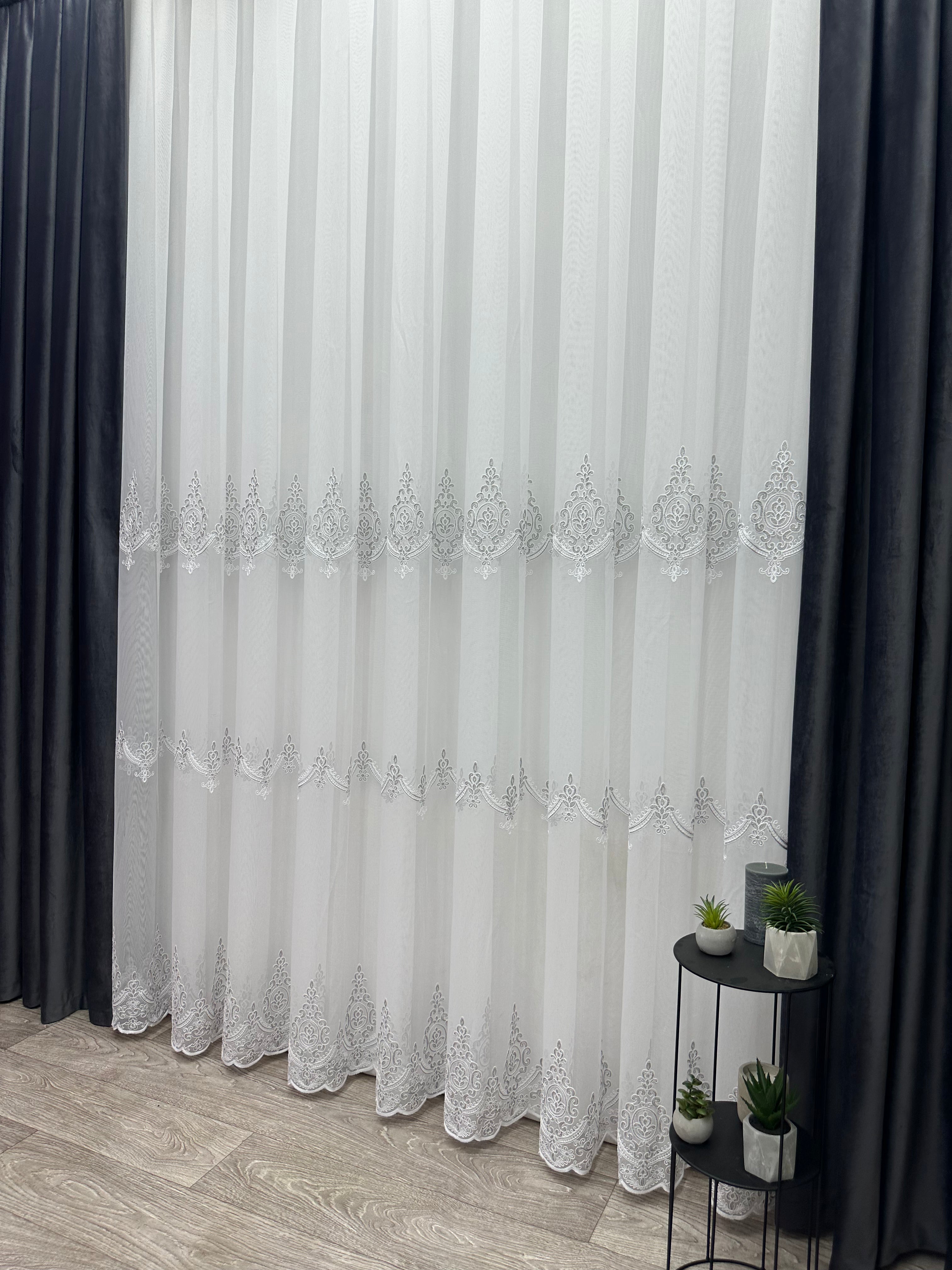 Bamboo-based sheer curtain with chenille embroidery, gray color