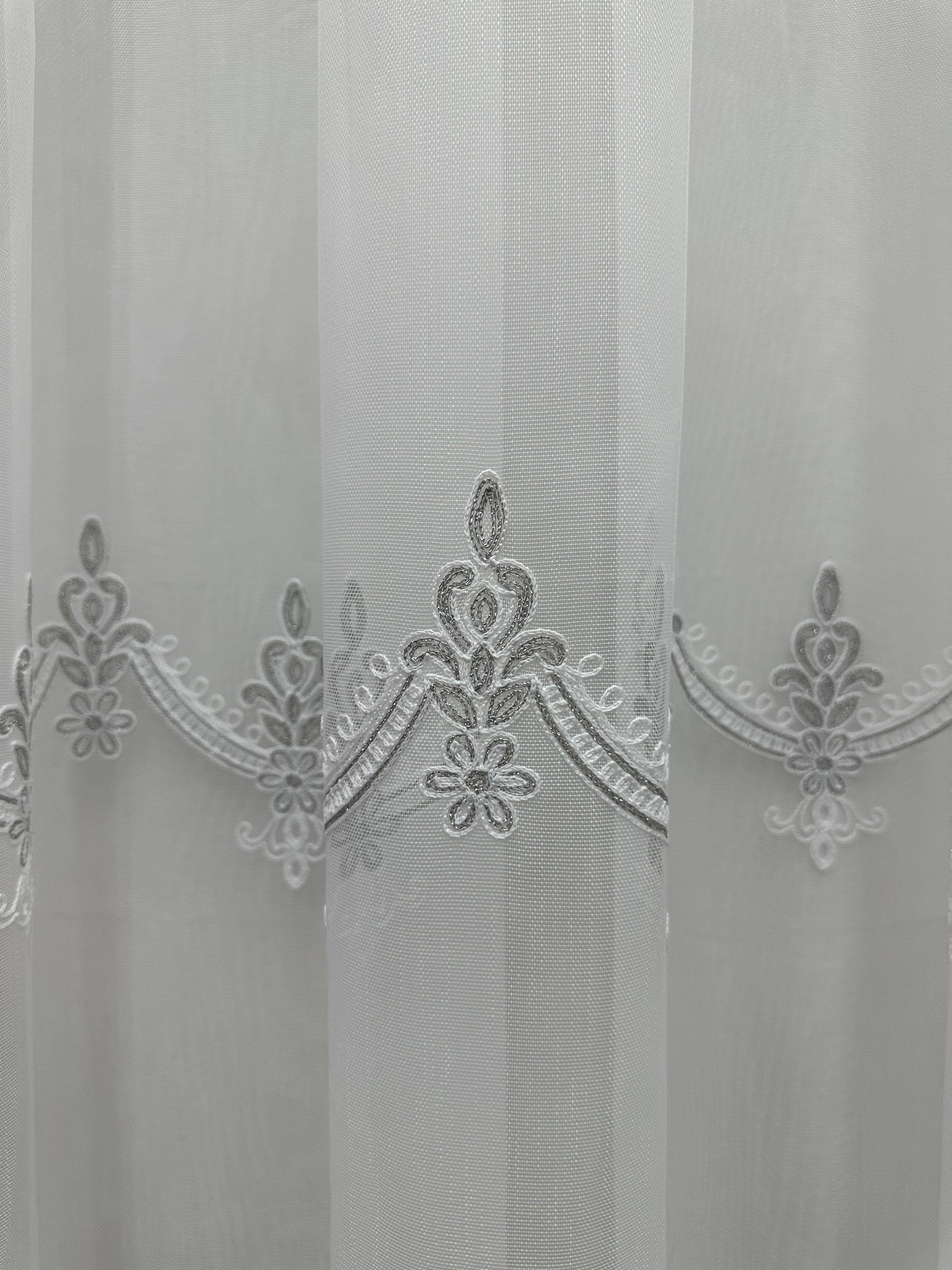 Bamboo-based sheer curtain with chenille embroidery, gray color