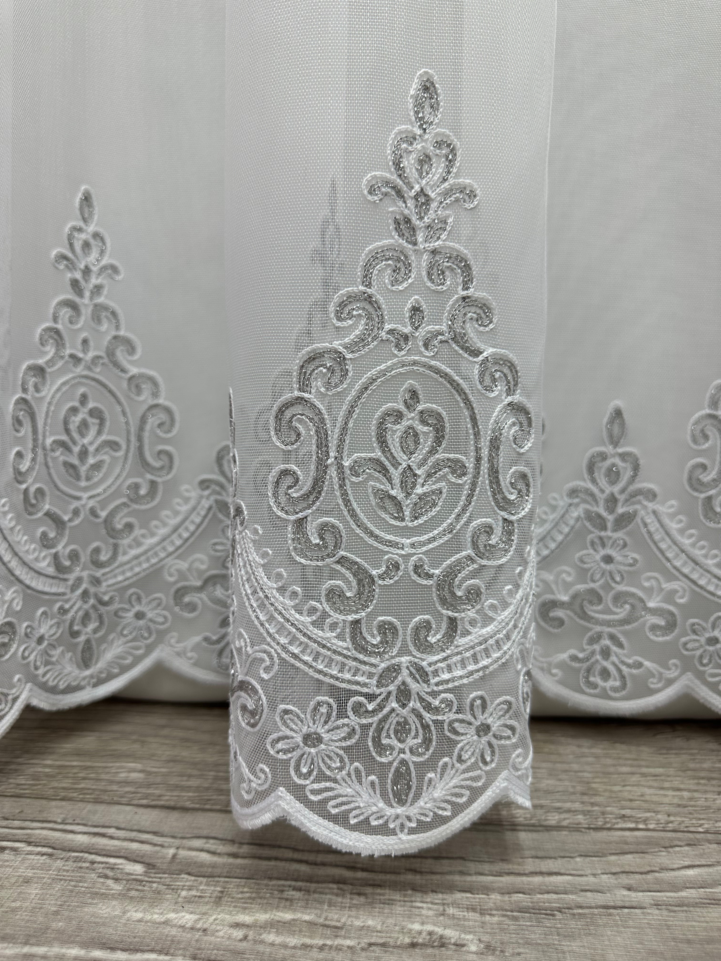 Bamboo-based sheer curtain with chenille embroidery, gray color