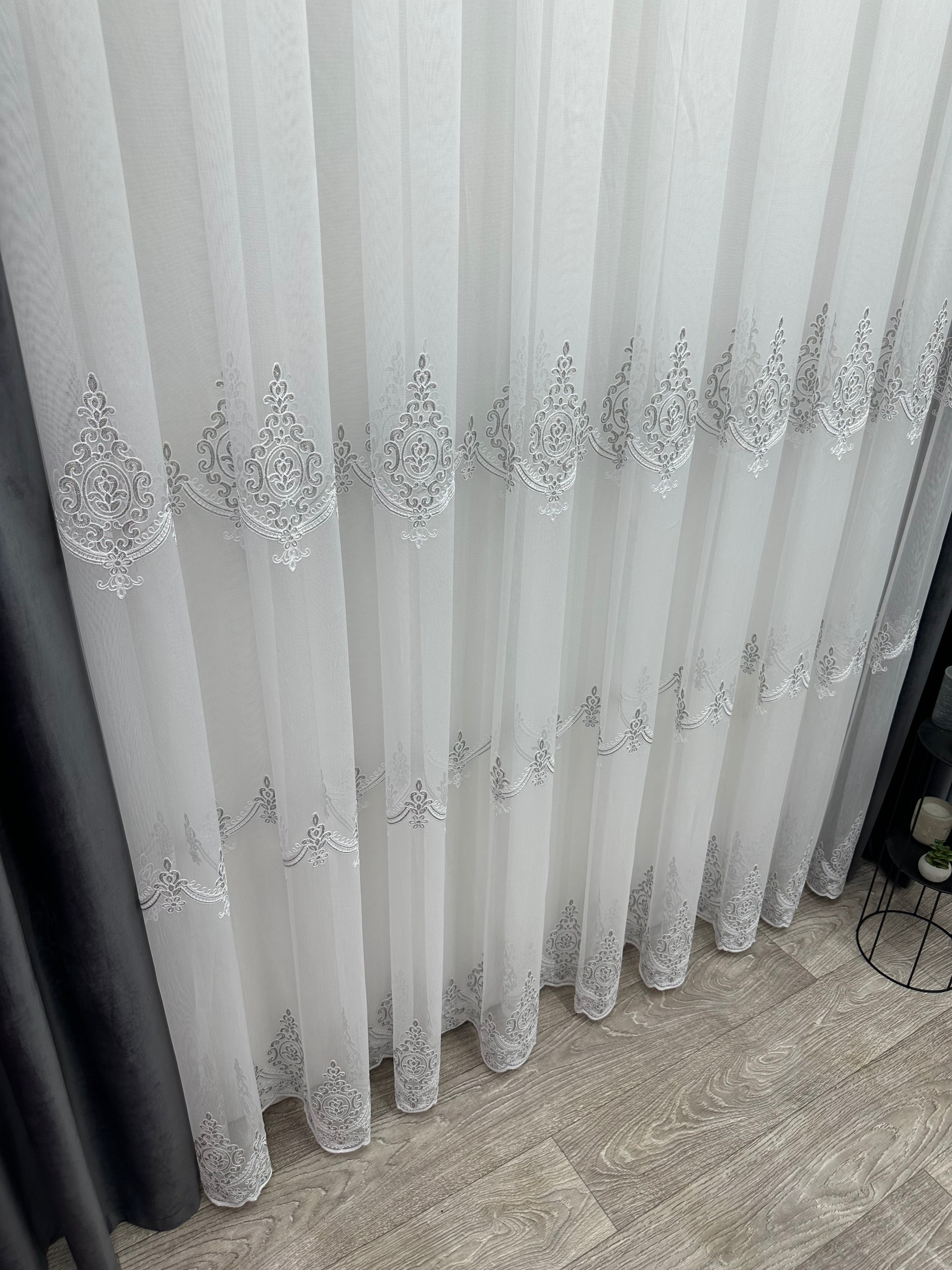 Bamboo-based sheer curtain with chenille embroidery, gray color