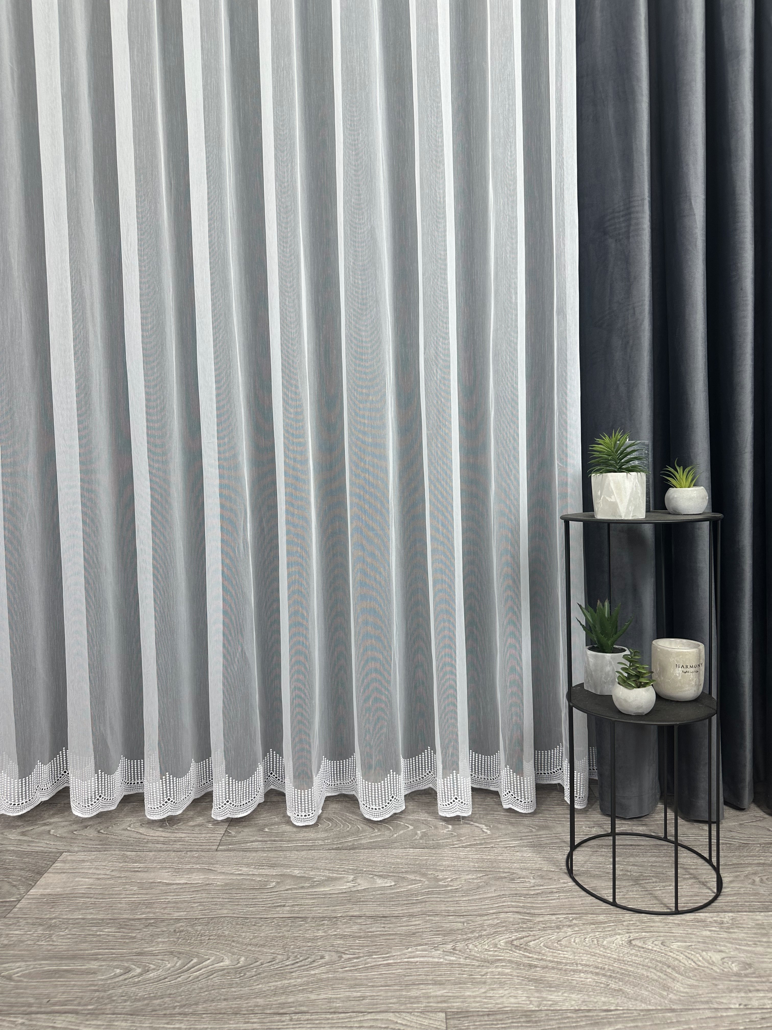 Sheer curtain with chenille embroidery on the bottom , white color