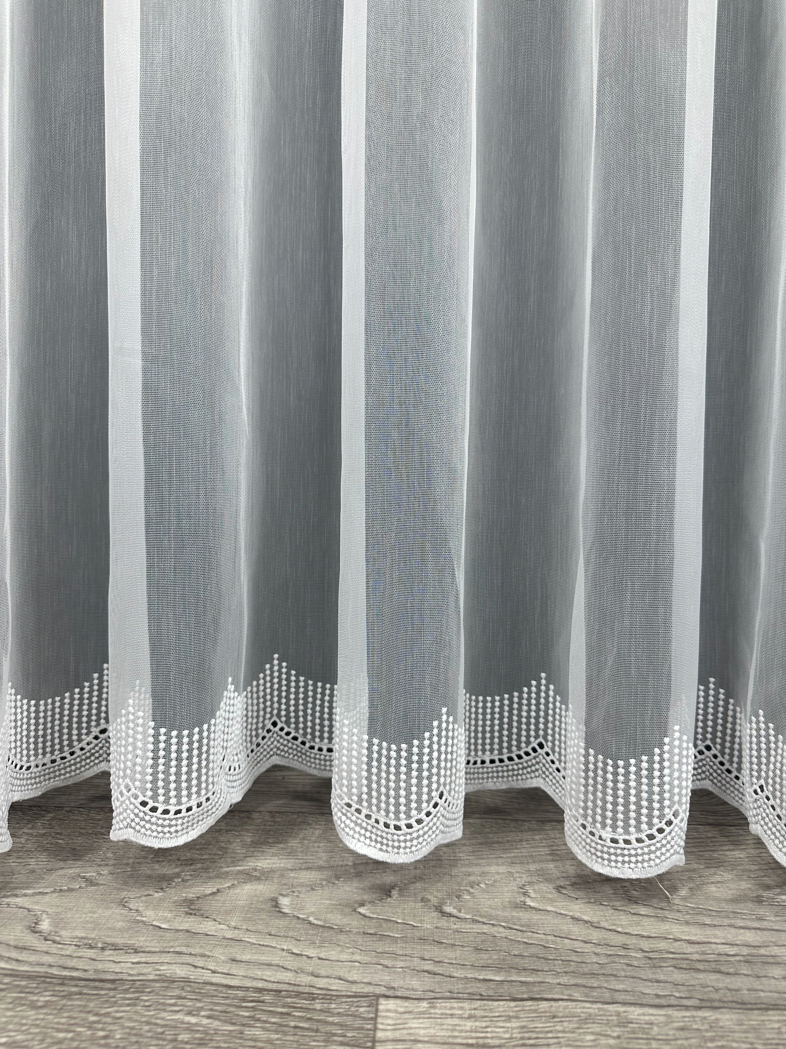 Sheer curtain with chenille embroidery on the bottom , white color