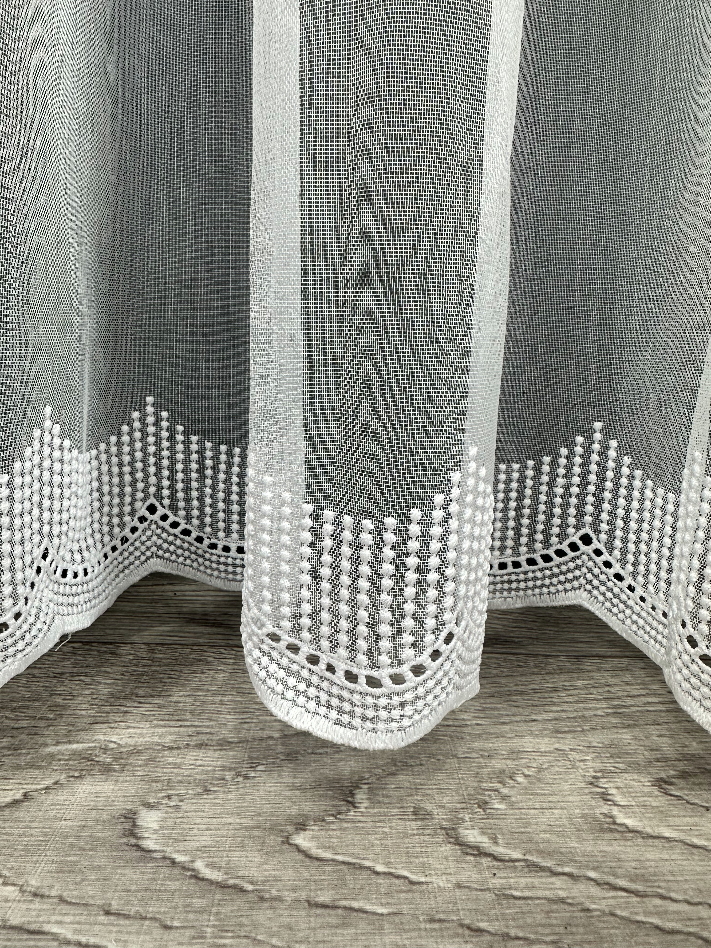 Sheer curtain with chenille embroidery on the bottom , white color