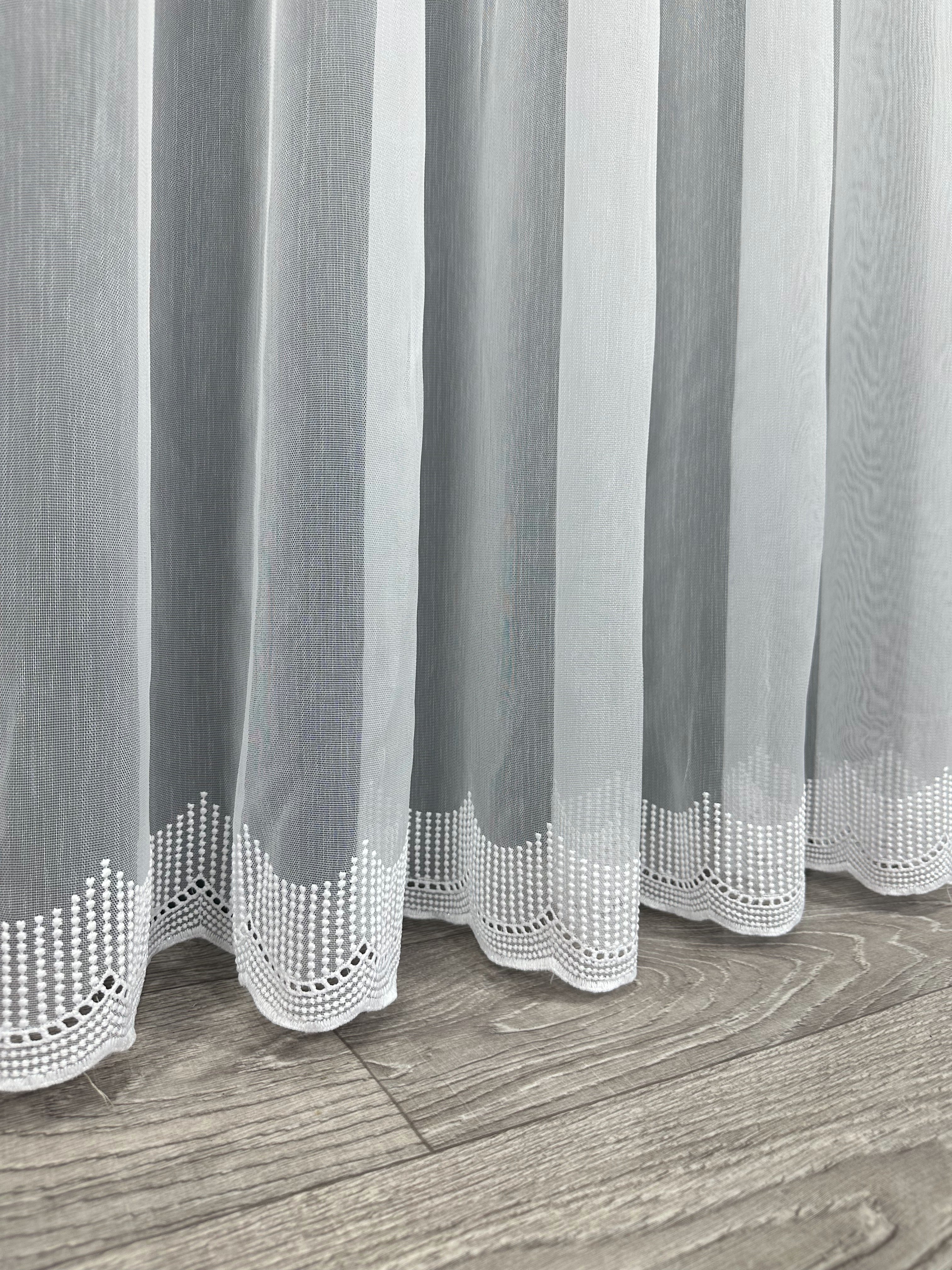 Sheer curtain with chenille embroidery on the bottom , white color